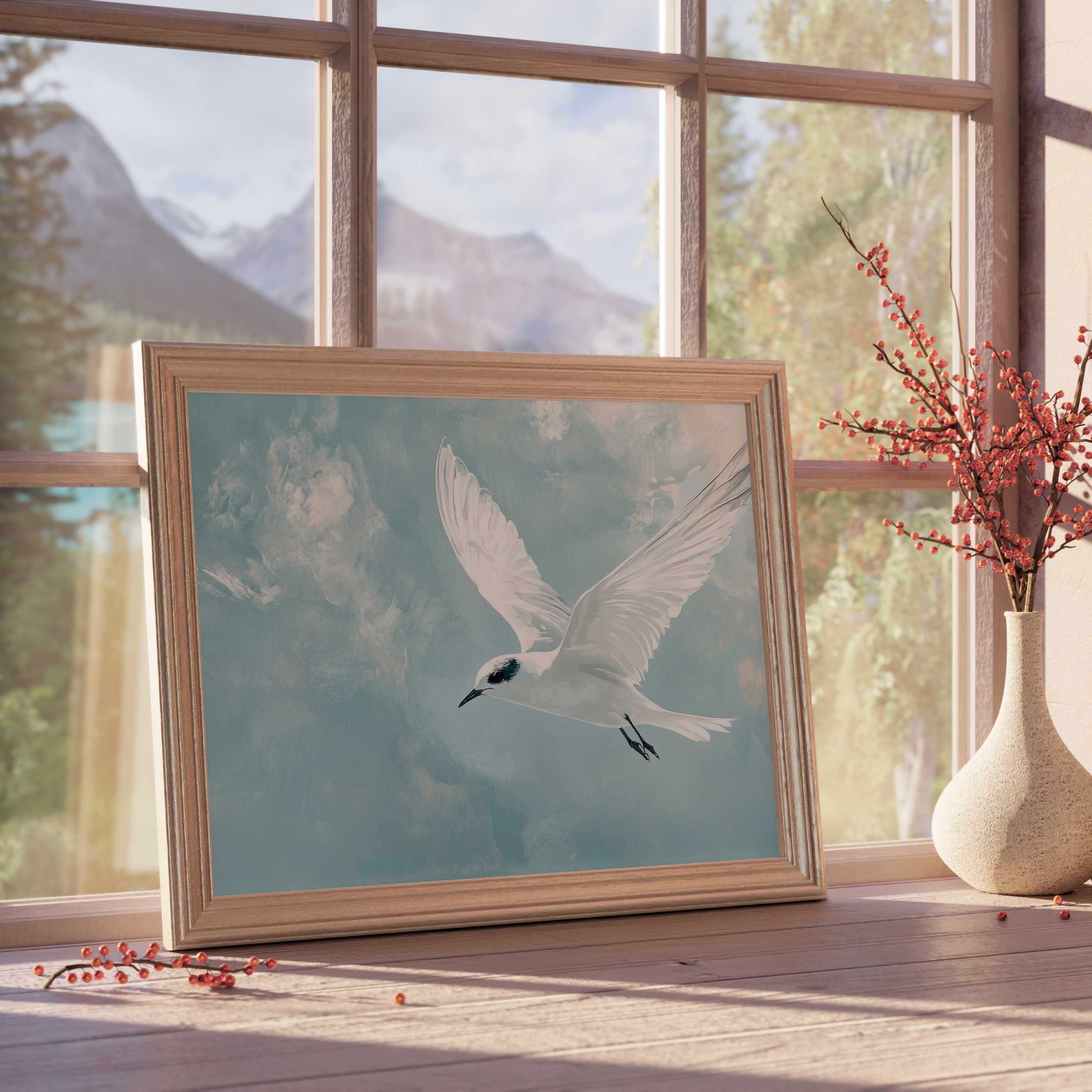 Minimalist downloadable art of a serene white bird in flight, elevating tranquil, curated interiors with soft hues and natural wood framing