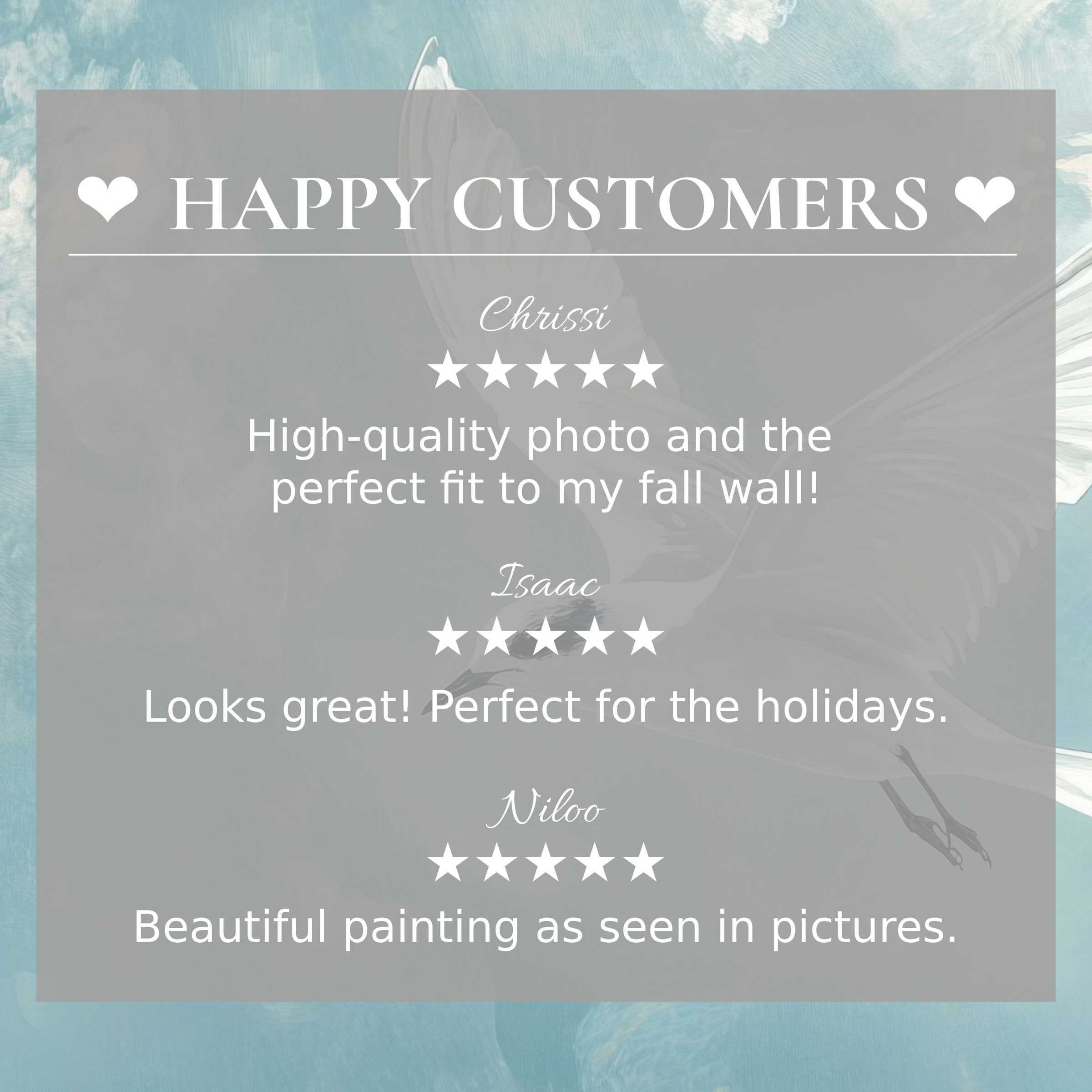 Elegant minimalist art for Frame TV with soft blue bird backdrop and happy customer reviews building trust
