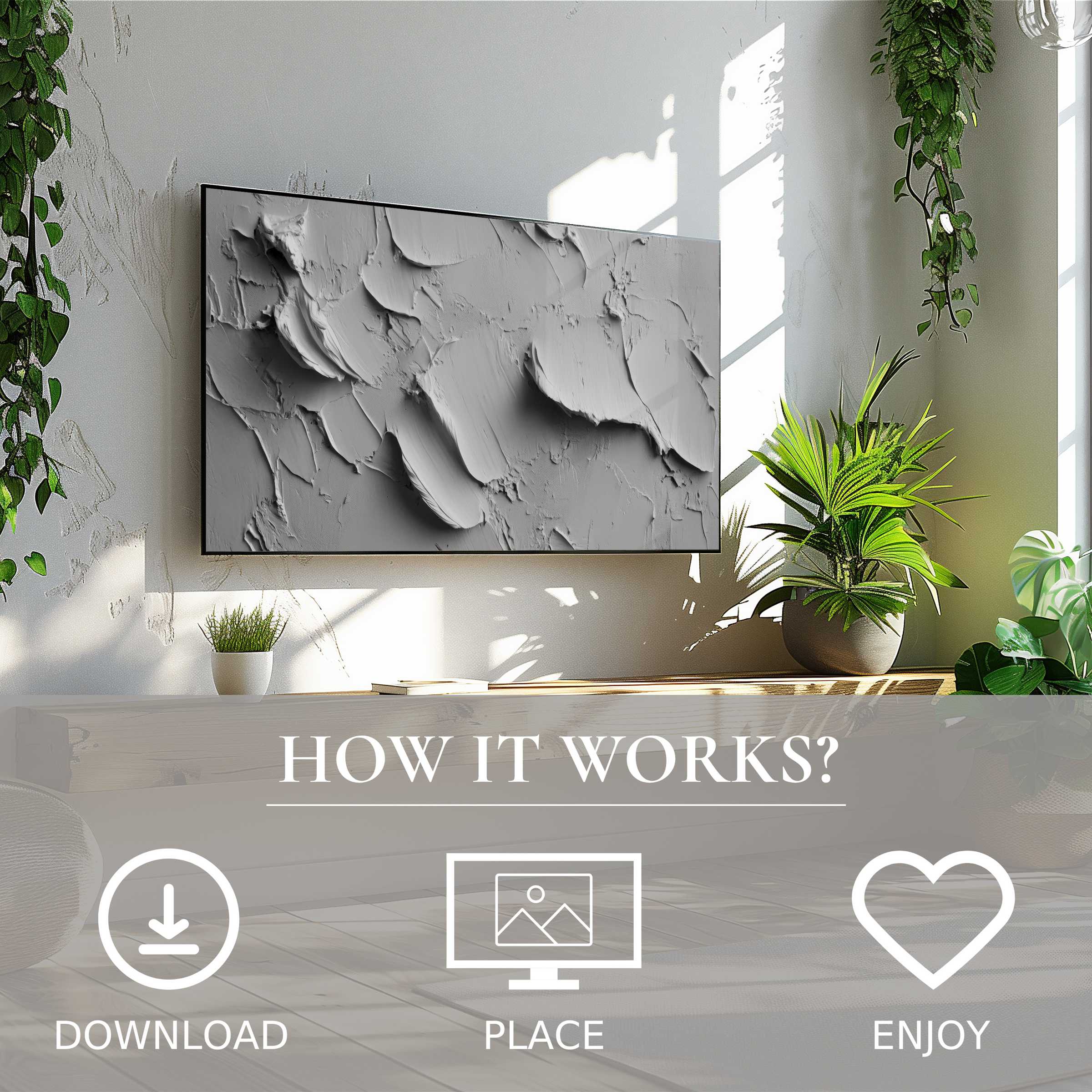 Neutral art for Samsung TV shows textured gray plaster motif; simple digital download enriches modern living spaces
