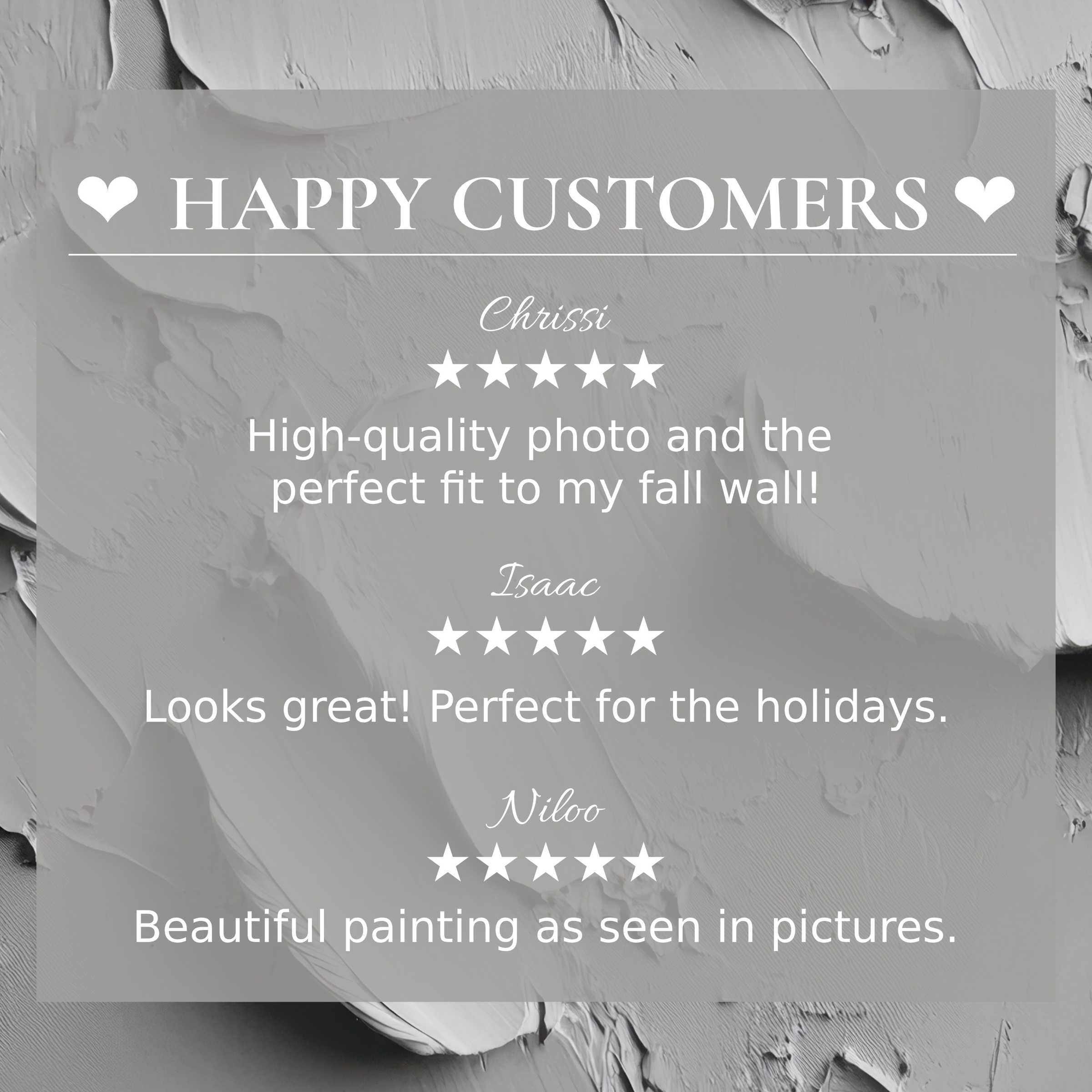 Neutral art for Frame TV with abstract gray texture background, showcasing happy customer reviews and elegant design trust