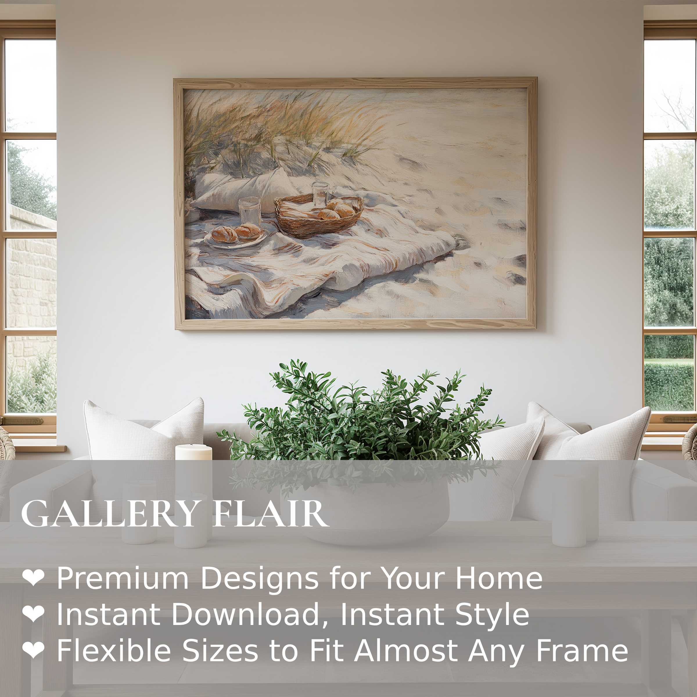 Calming beach wall art print capturing a serene picnic on sandy dunes, enhancing minimalist, coastal-inspired interiors with understated elegance