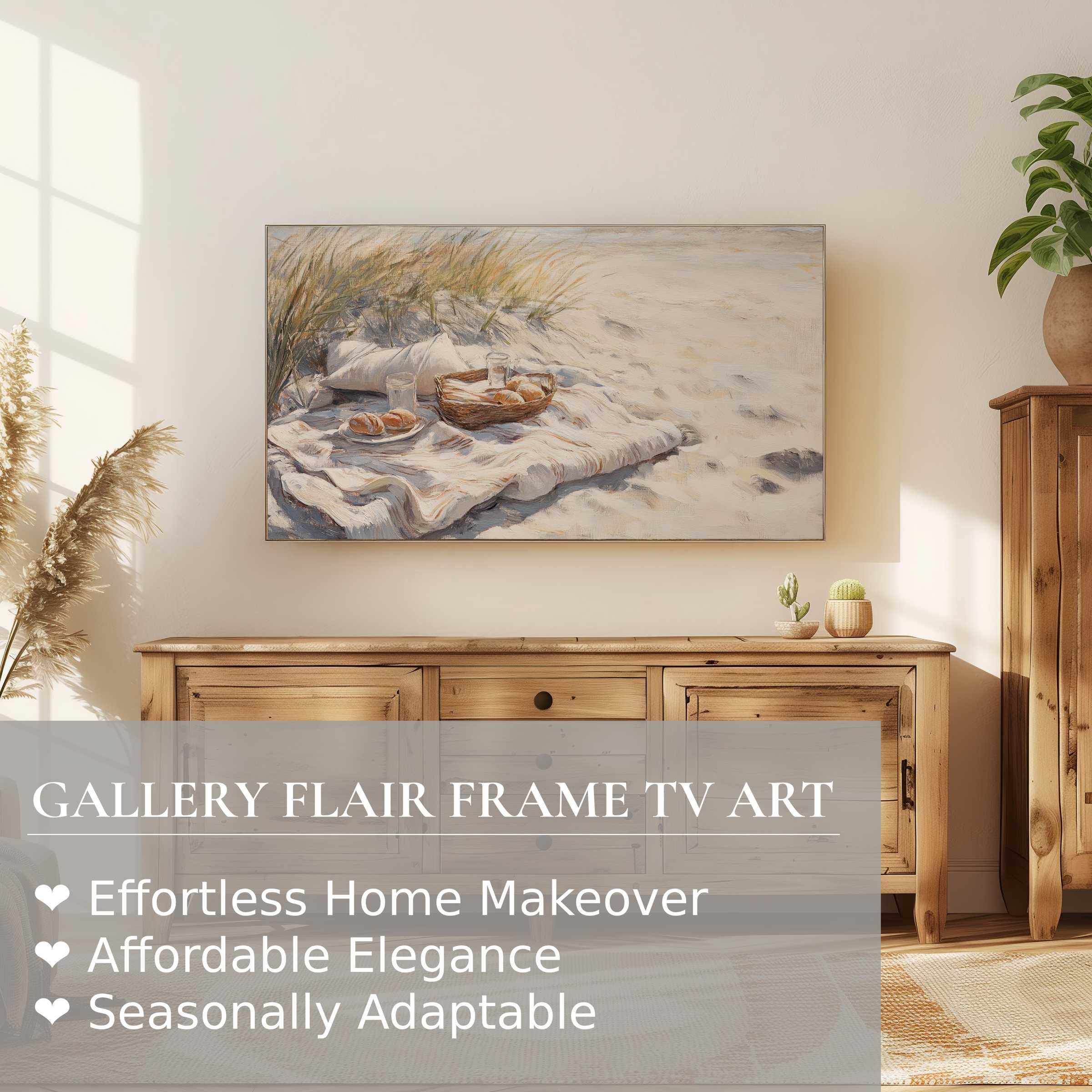 Samsung Frame TV displaying serene beach digital artwork, enhancing modern, elegant home decor with natural warmth