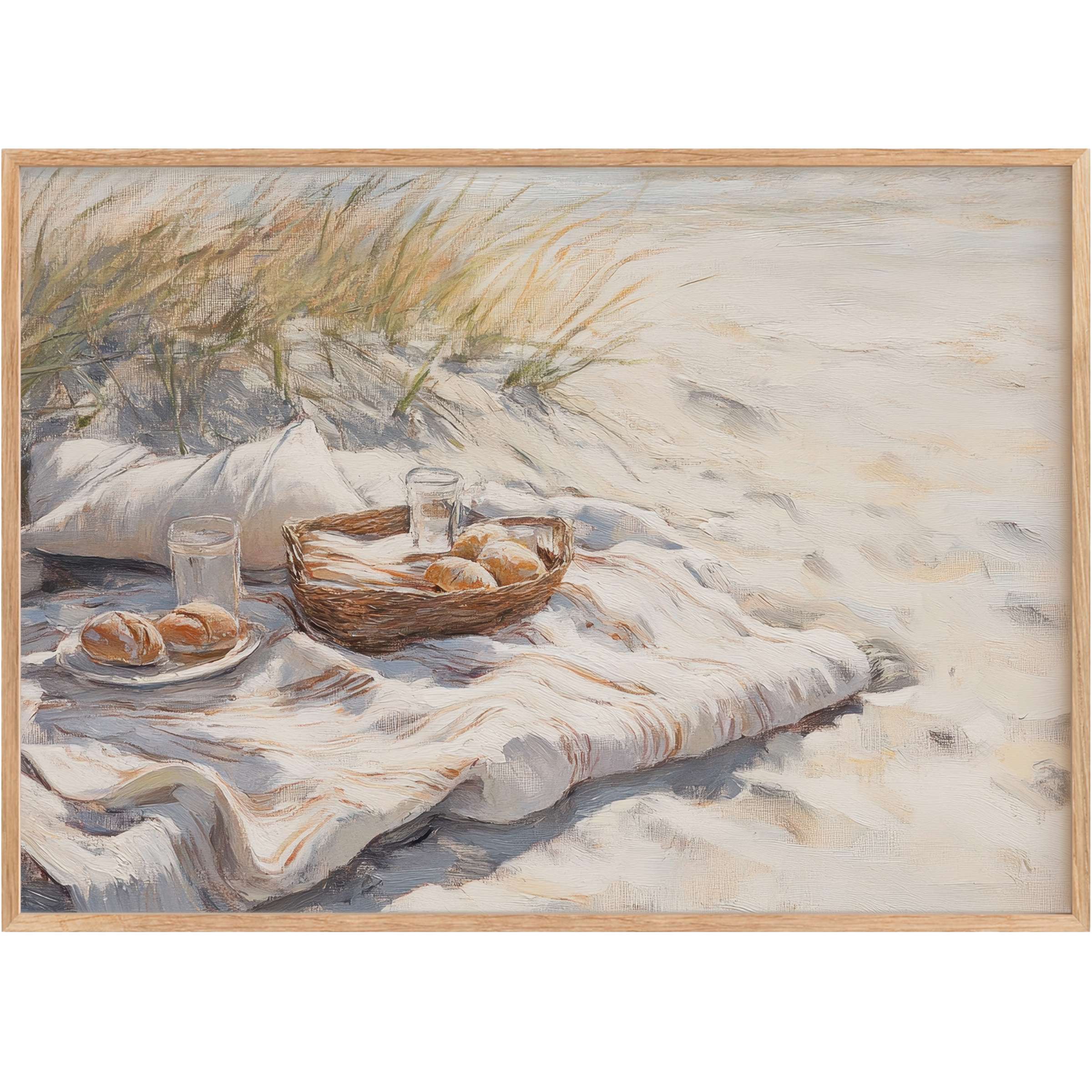 Serene beach printable wall art capturing golden sands and gentle sea grass, evoking peaceful coastal calm with soft neutrals and warm sunlight