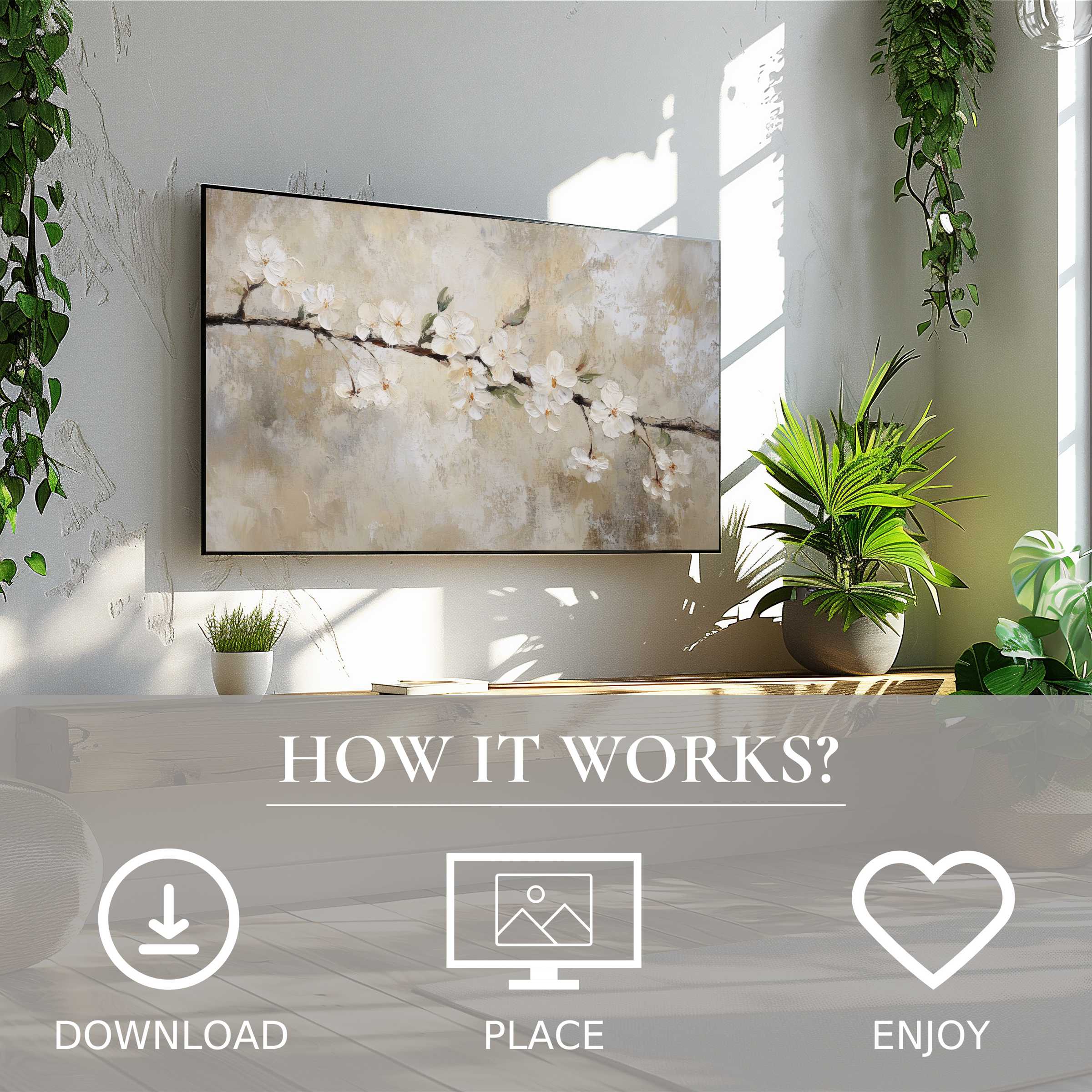 Modern living room with spring art for Samsung TV; soft floral branch motif, easy digital download, enriches space