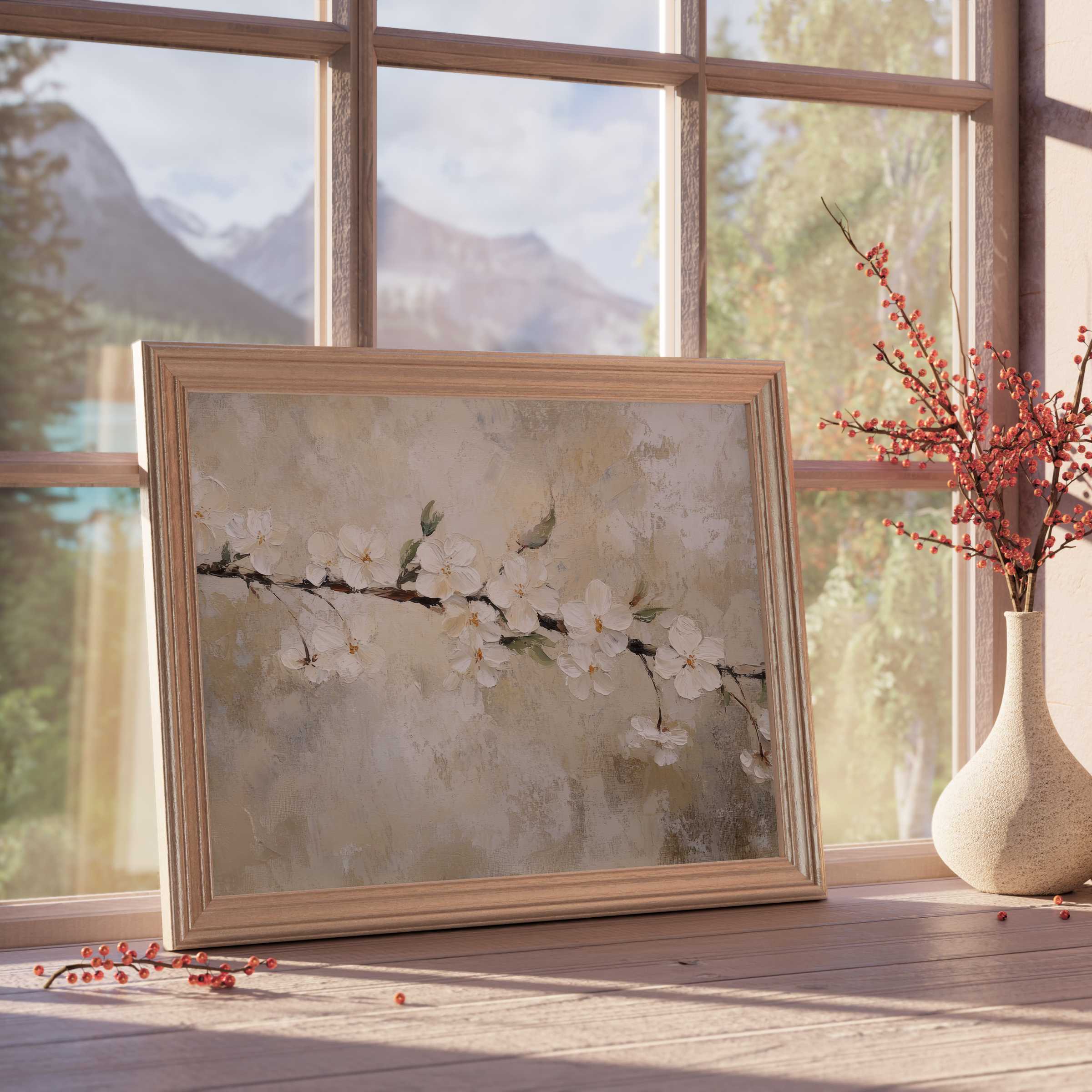Elegant spring downloadable art featuring delicate white blossoms in a warm, serene palette, perfect for curated, tranquil interiors