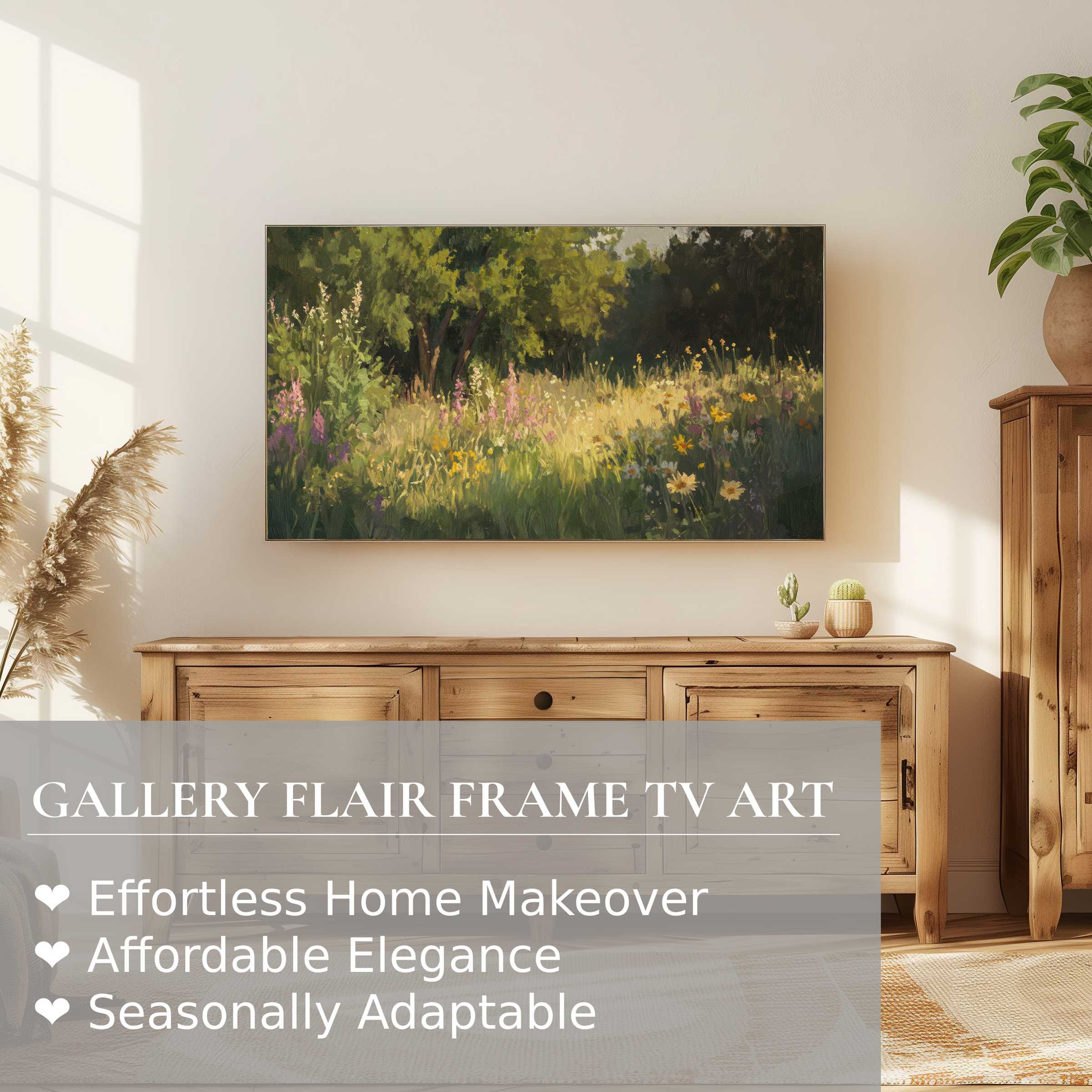 Samsung Frame TV displays a serene summer digital artwork of sunlit wildflowers in an elegant, modern living space
