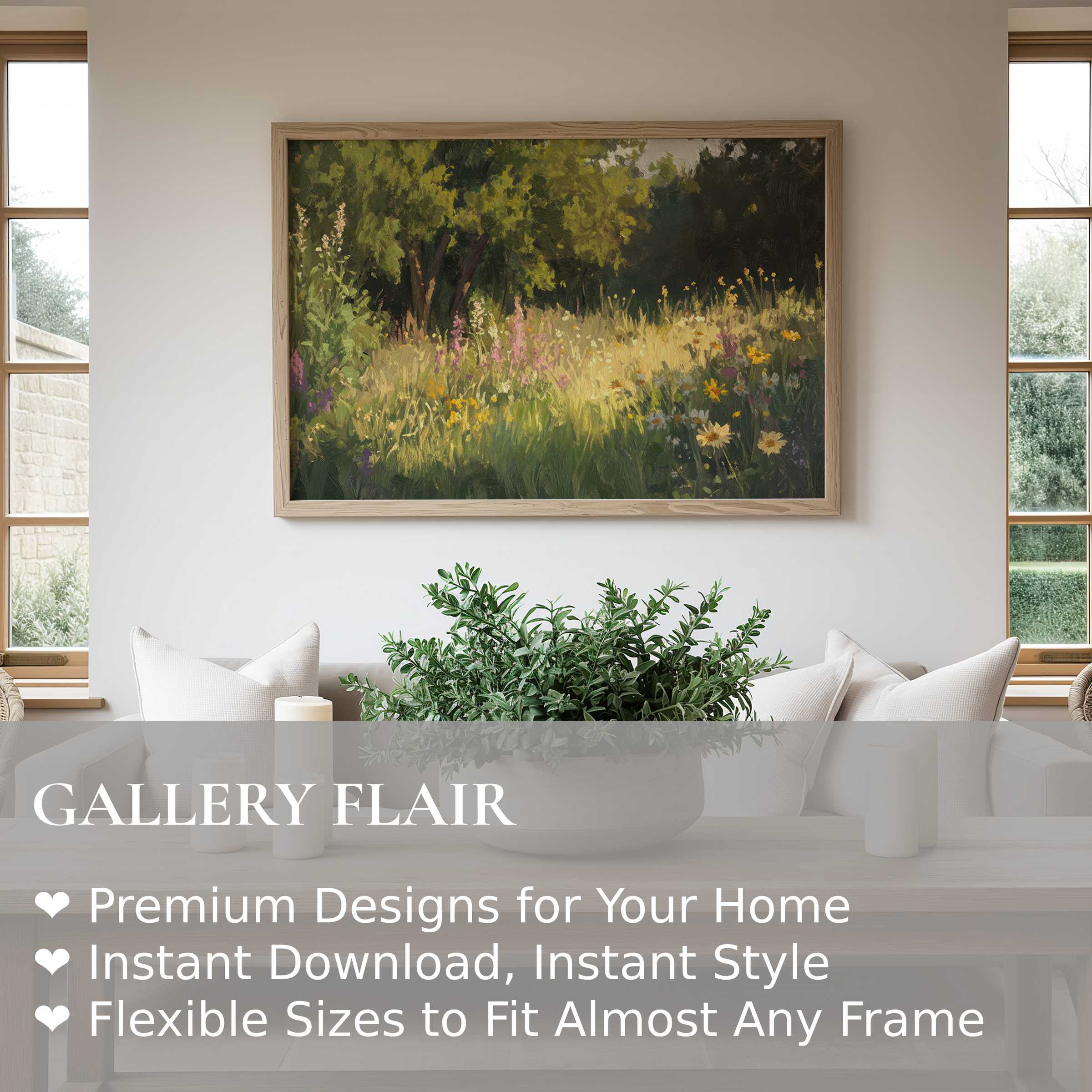 Radiant summer wall art print capturing a lush wildflower meadow, enhancing modern minimalist interiors with serene natural elegance