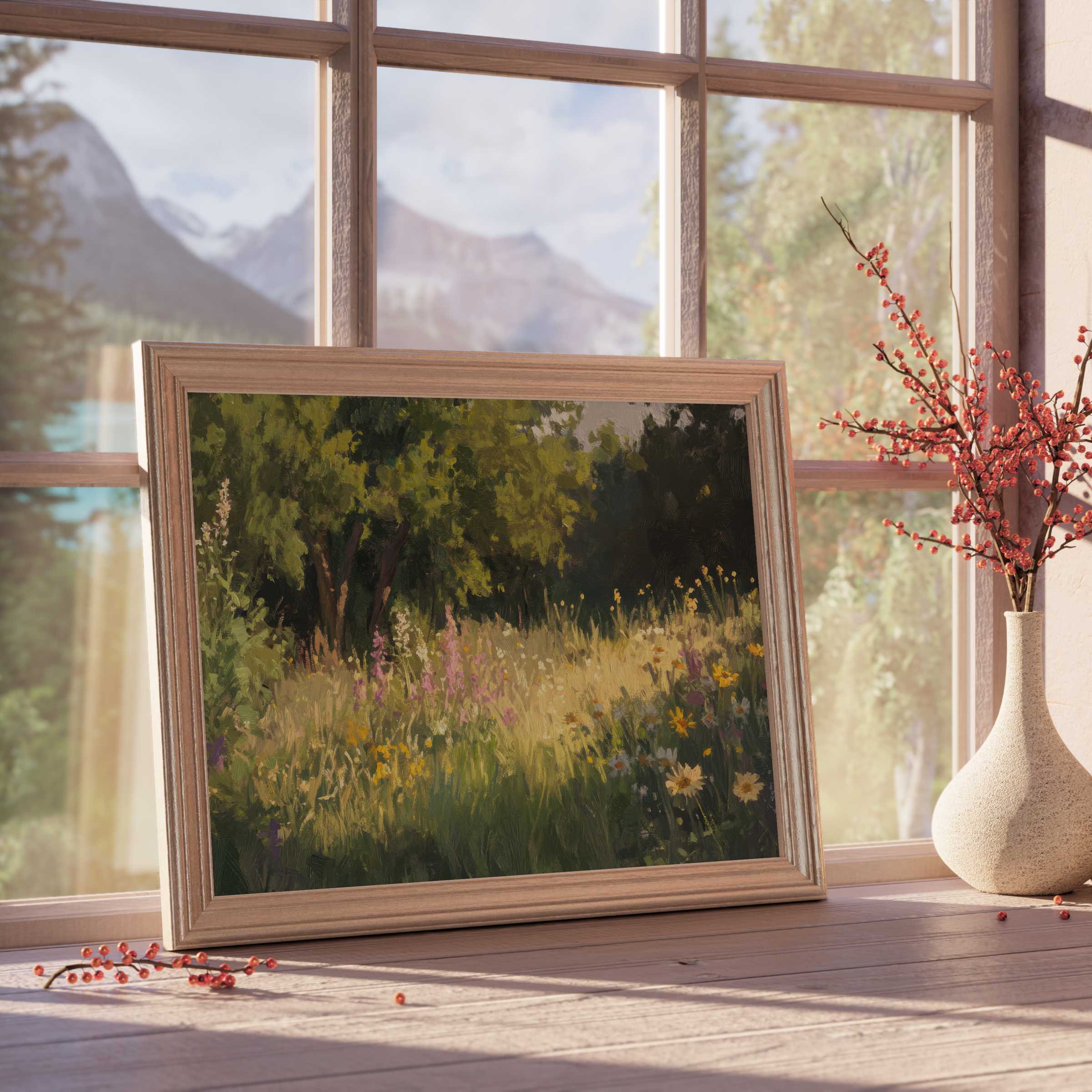 Summer downloadable art capturing a sunlit wildflower meadow, perfect for curated, tranquil, design-forward interiors