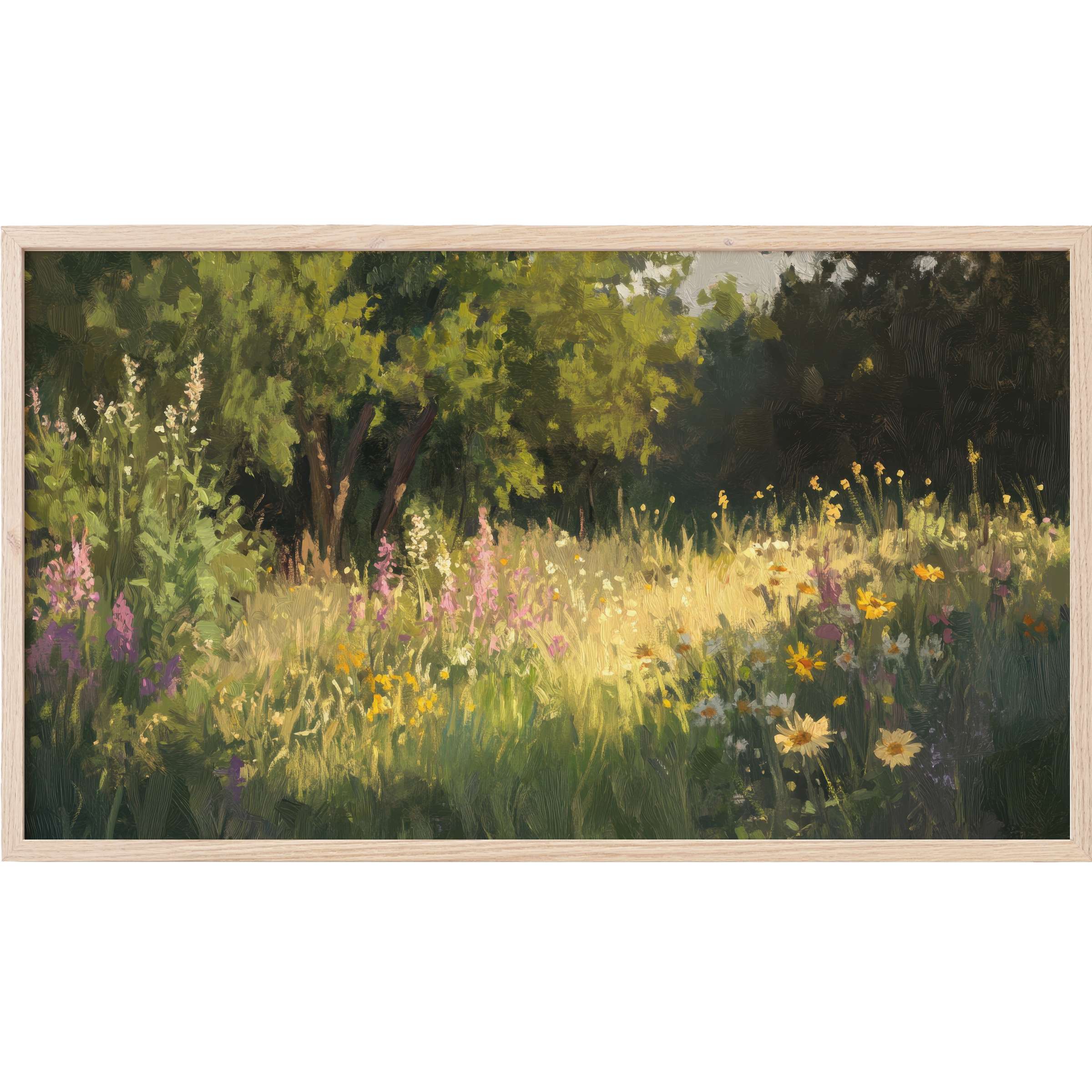 Summer Frame TV Art: impressionistic meadow bathed in warm light with lush green, yellow, and soft floral hues