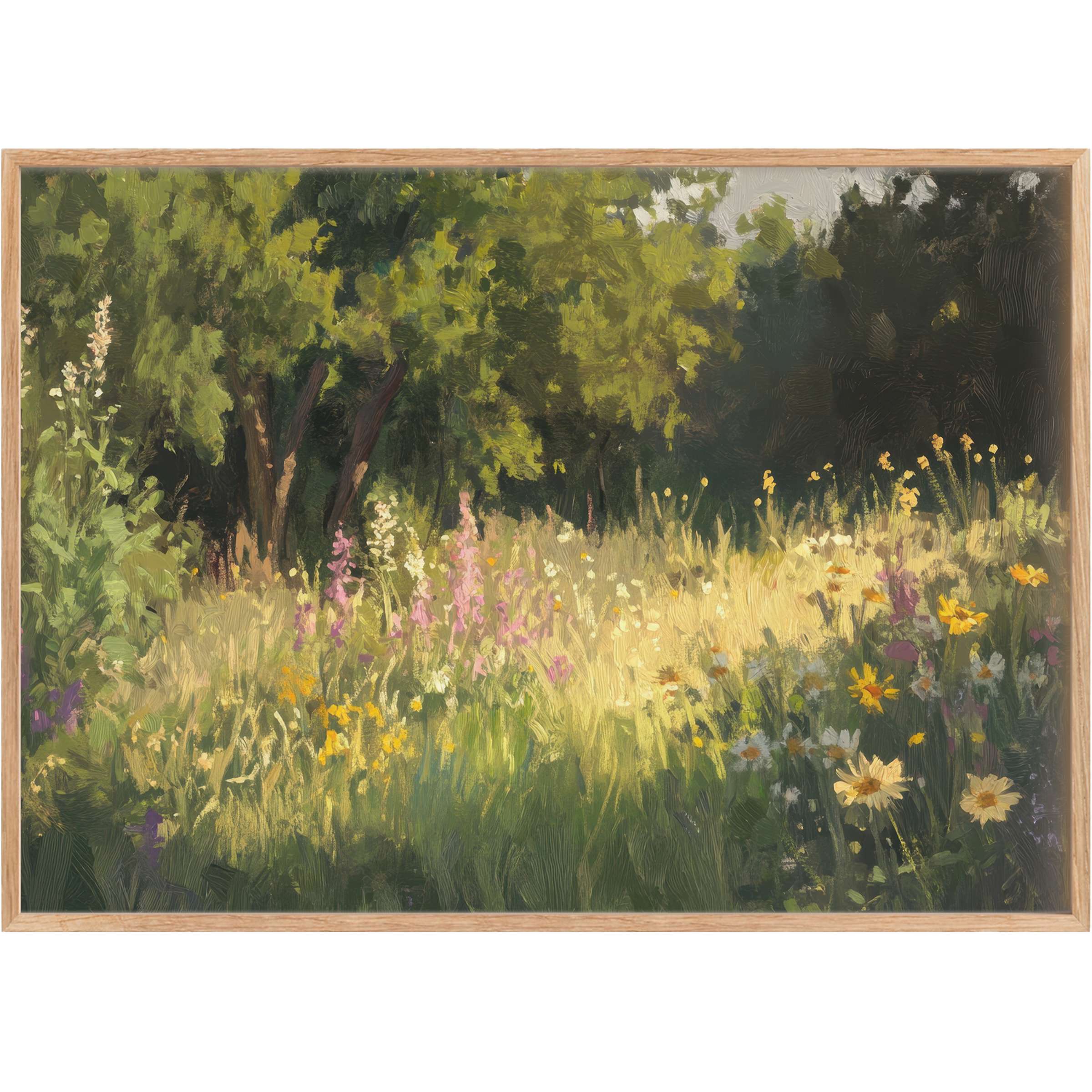 Radiant summer printable wall art captures sunlit wildflowers in soft yellows and greens, evoking serene, stylish warmth