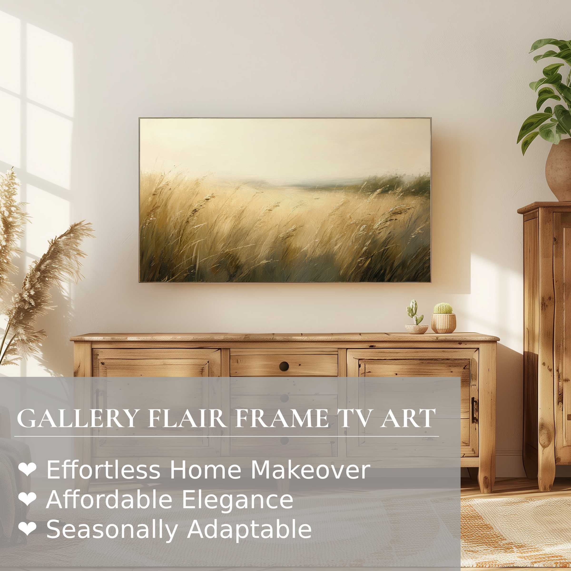 Samsung Frame TV displaying a warm, impressionistic landscape digital artwork in a stylish, serene living room
