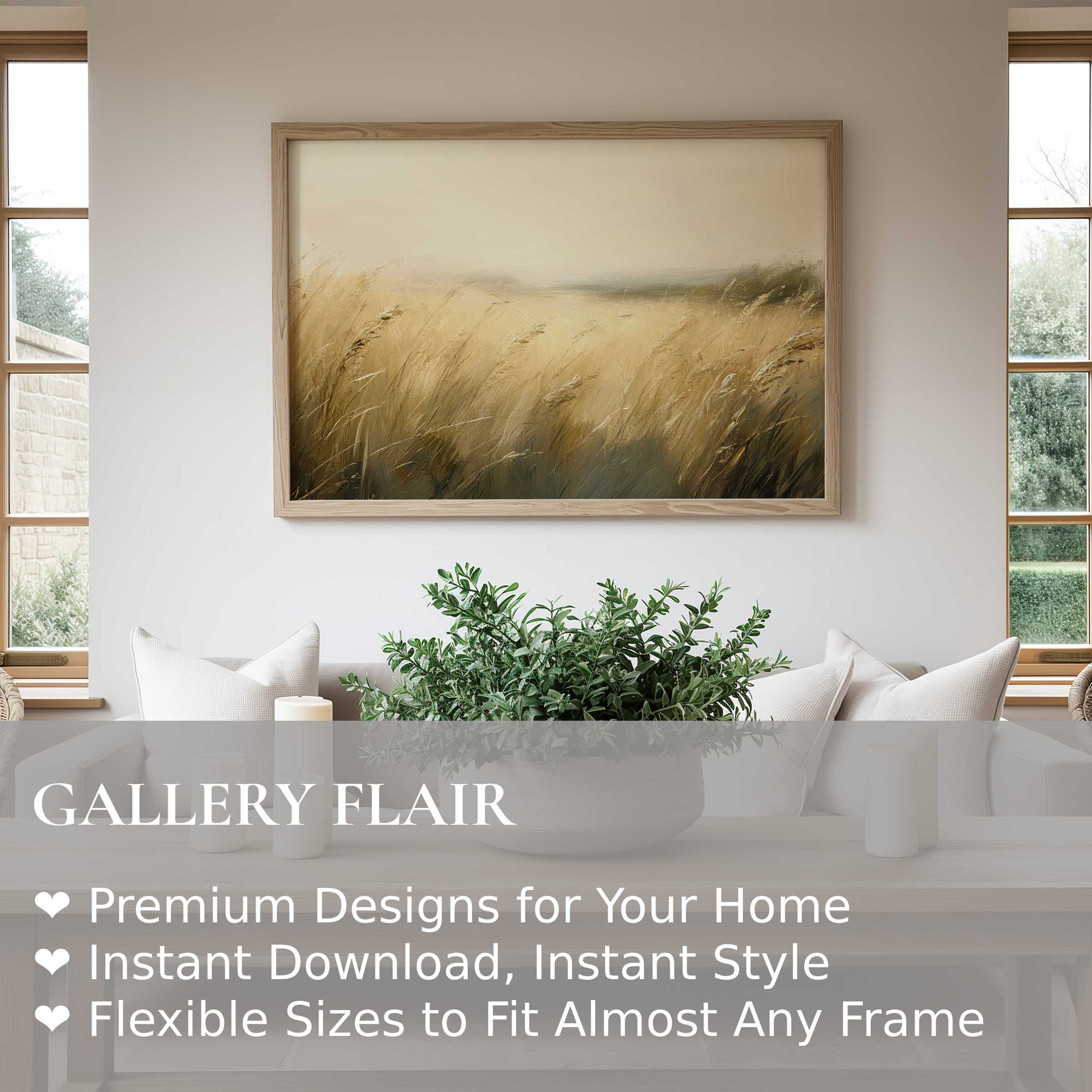 Elegant landscape wall art print capturing soft, golden wheat fields, radiating calm warmth in a modern, minimalist living room