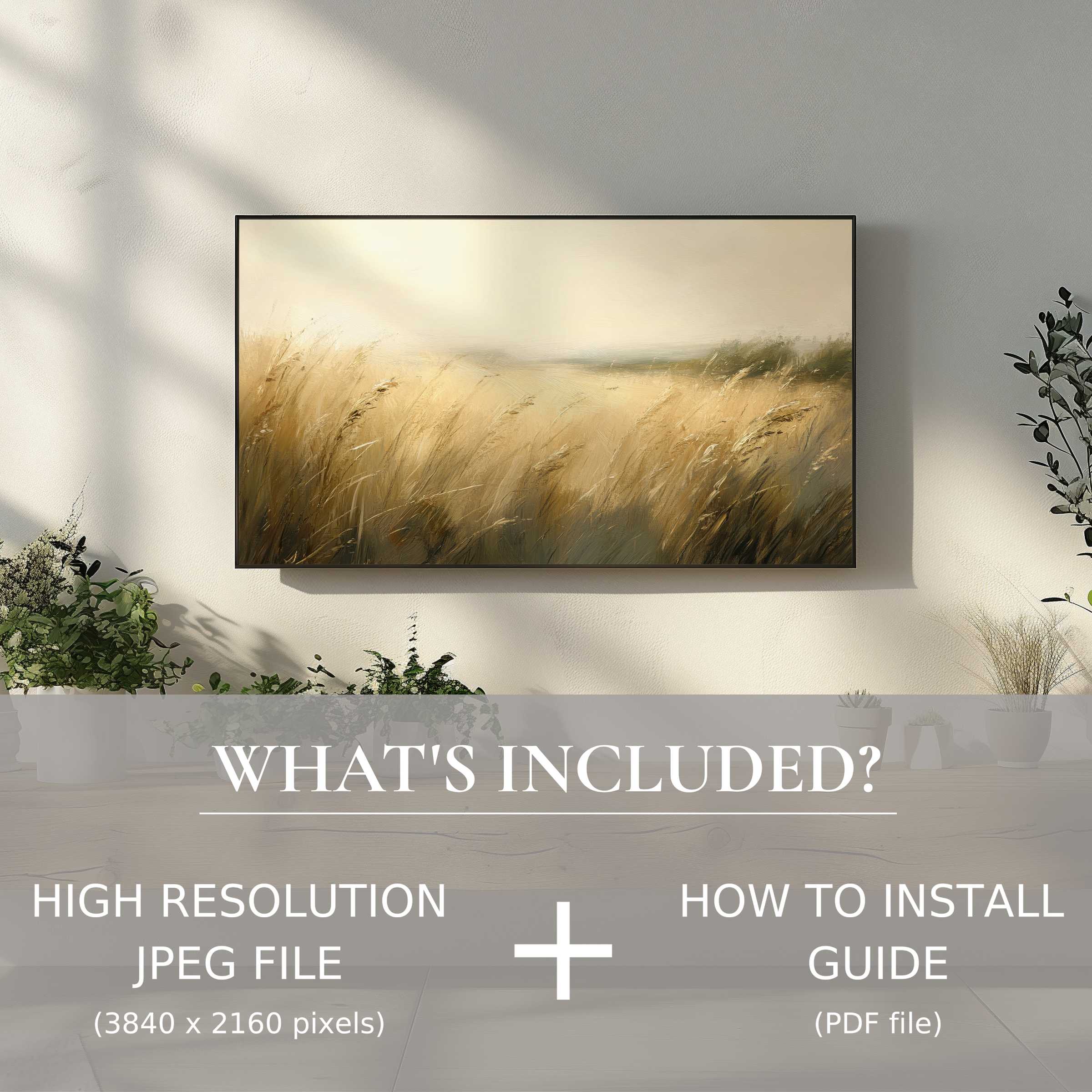 Elegant living room featuring a landscape digital TV art download, easy to use, enhancing any stylish space