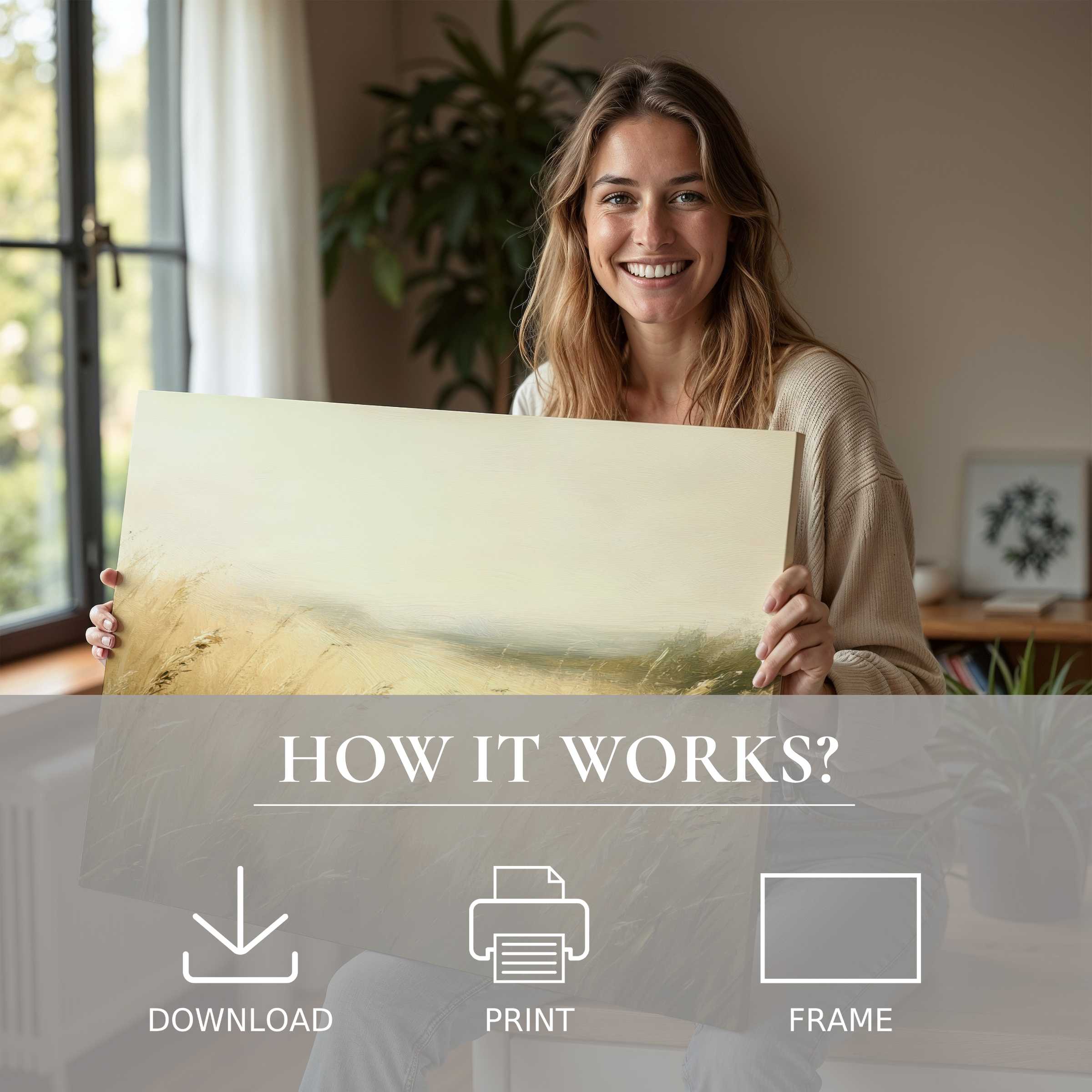 Elegant landscape digital art print uplifting a modern living space, capturing joy and effortless style in art’s warm embrace