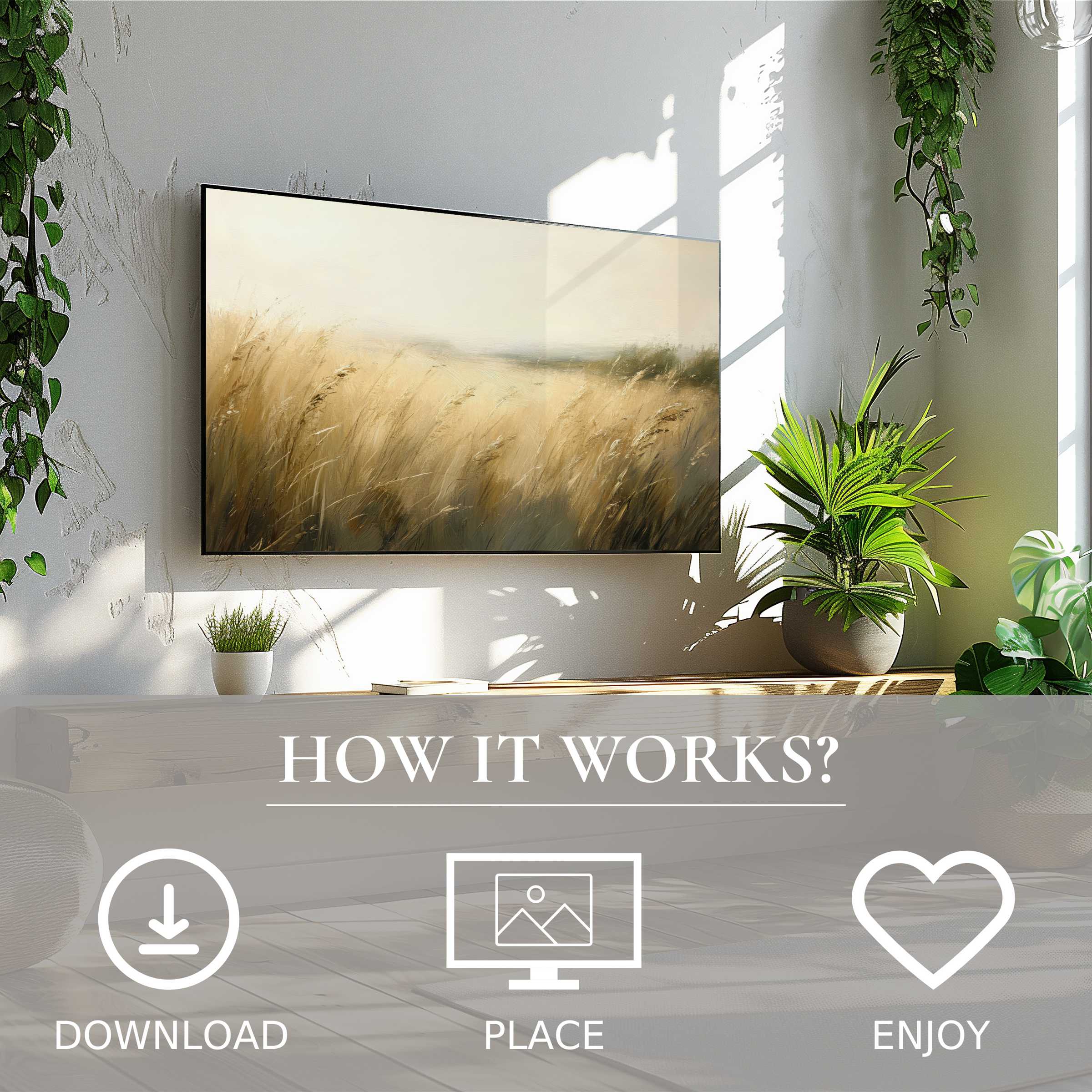 Landscape art for Samsung TV showing soft golden field tones, easy digital download enriches modern living spaces