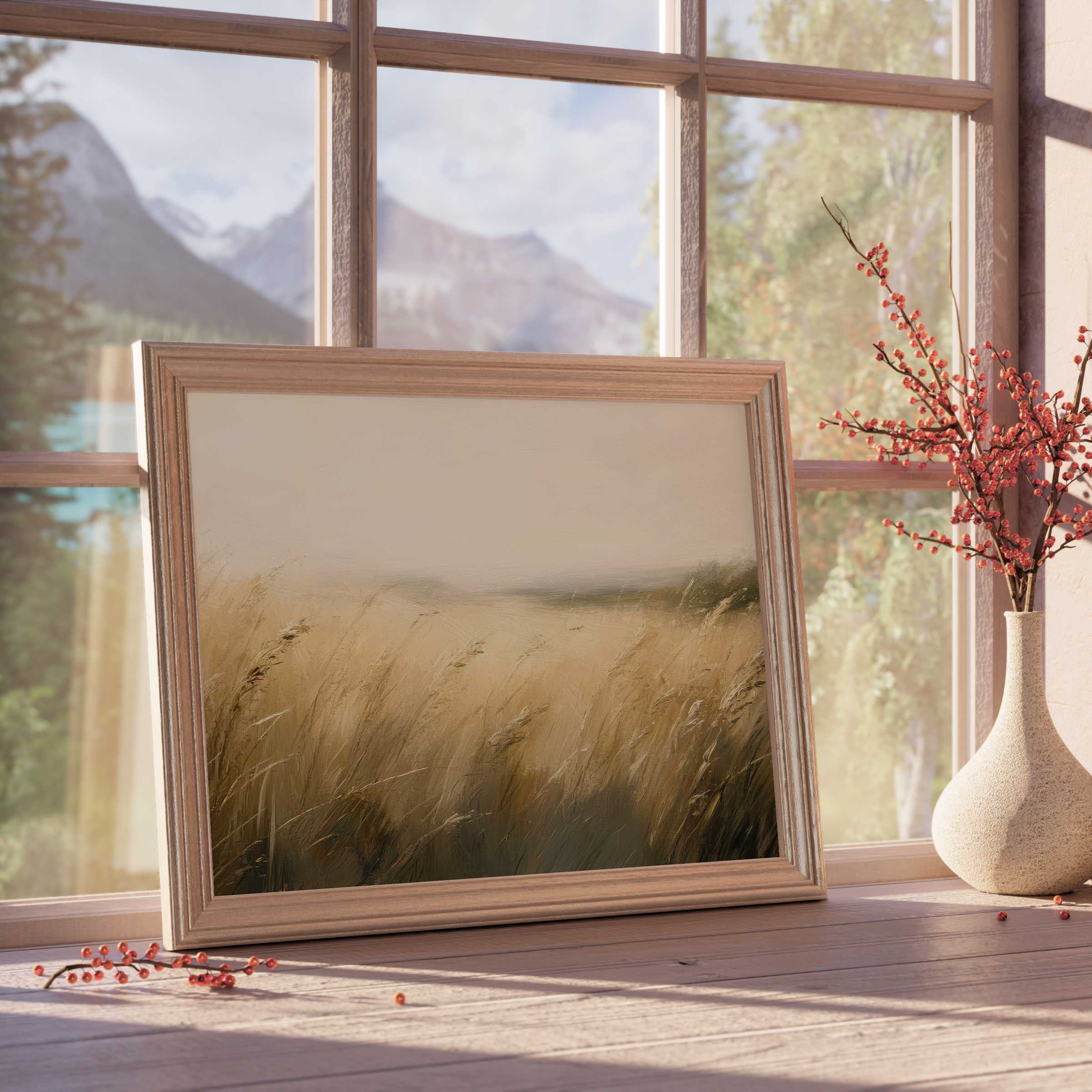 Serene landscape downloadable art featuring golden fields and soft light, perfect for elevating tranquil, curated interiors