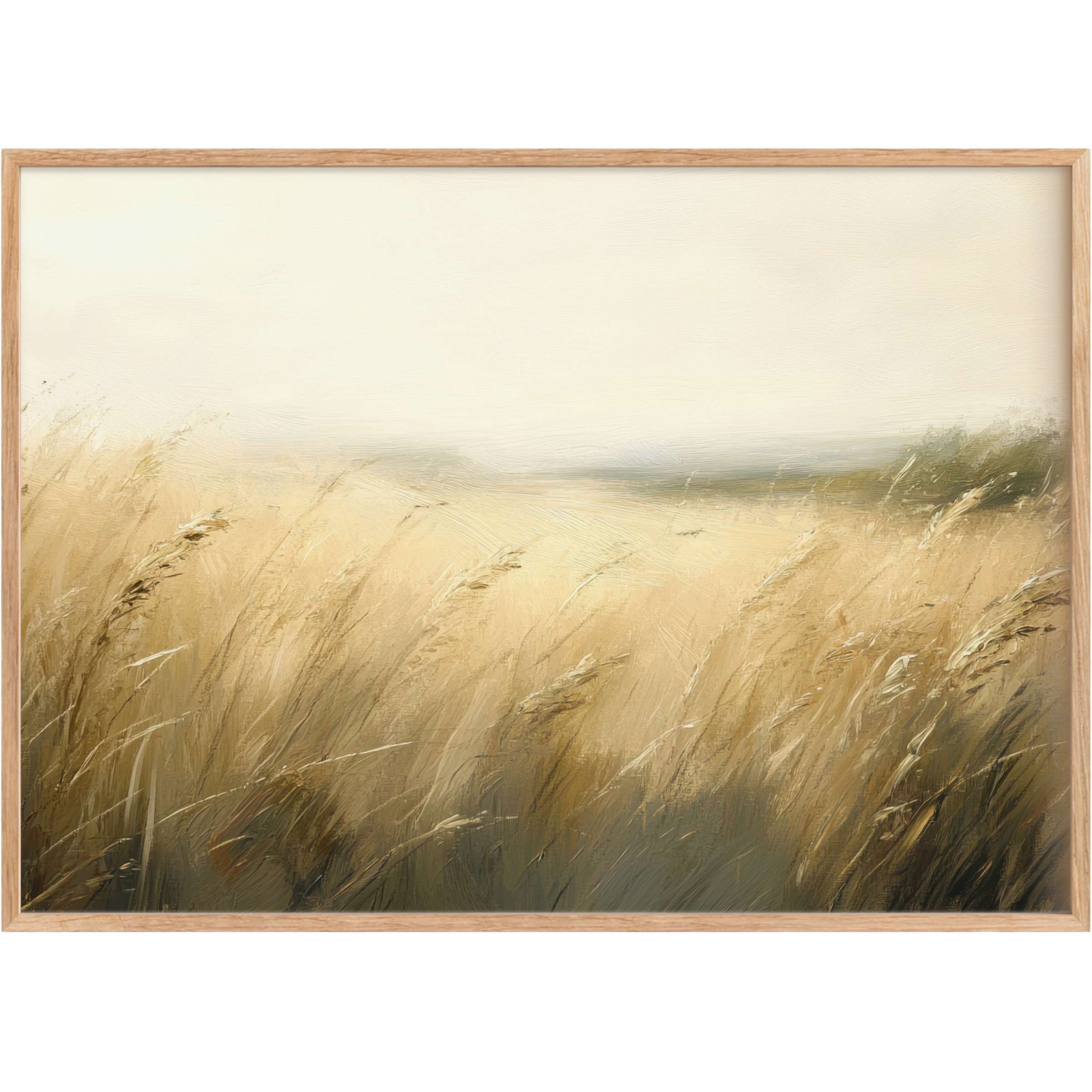 Golden fields sway under a soft, misty sky, inviting serene moments with elegant landscape printable wall art
