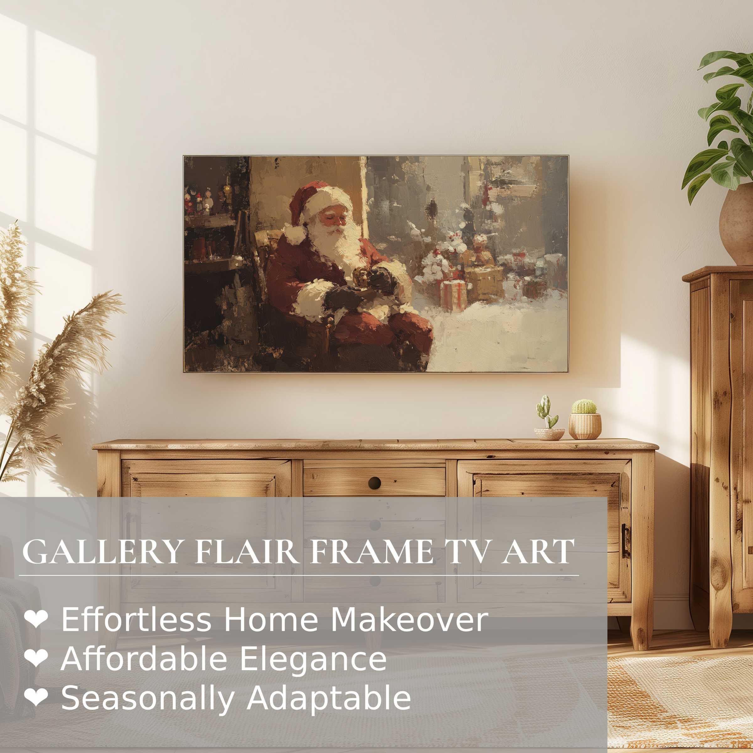 Samsung Frame TV displaying warm, painterly christmas digital artwork in a chic, cozy, minimalist living room