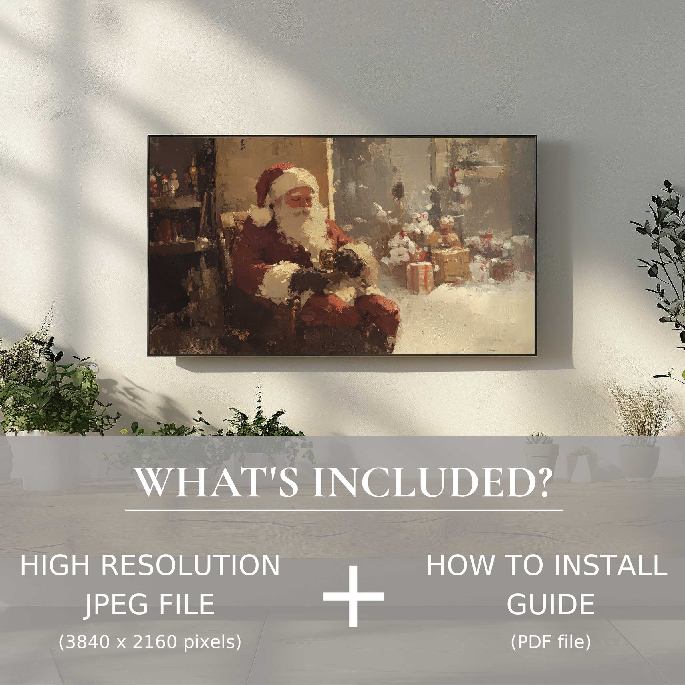 Elegant living room with christmas digital TV art download, easy digital use enhancing cozy festive ambiance