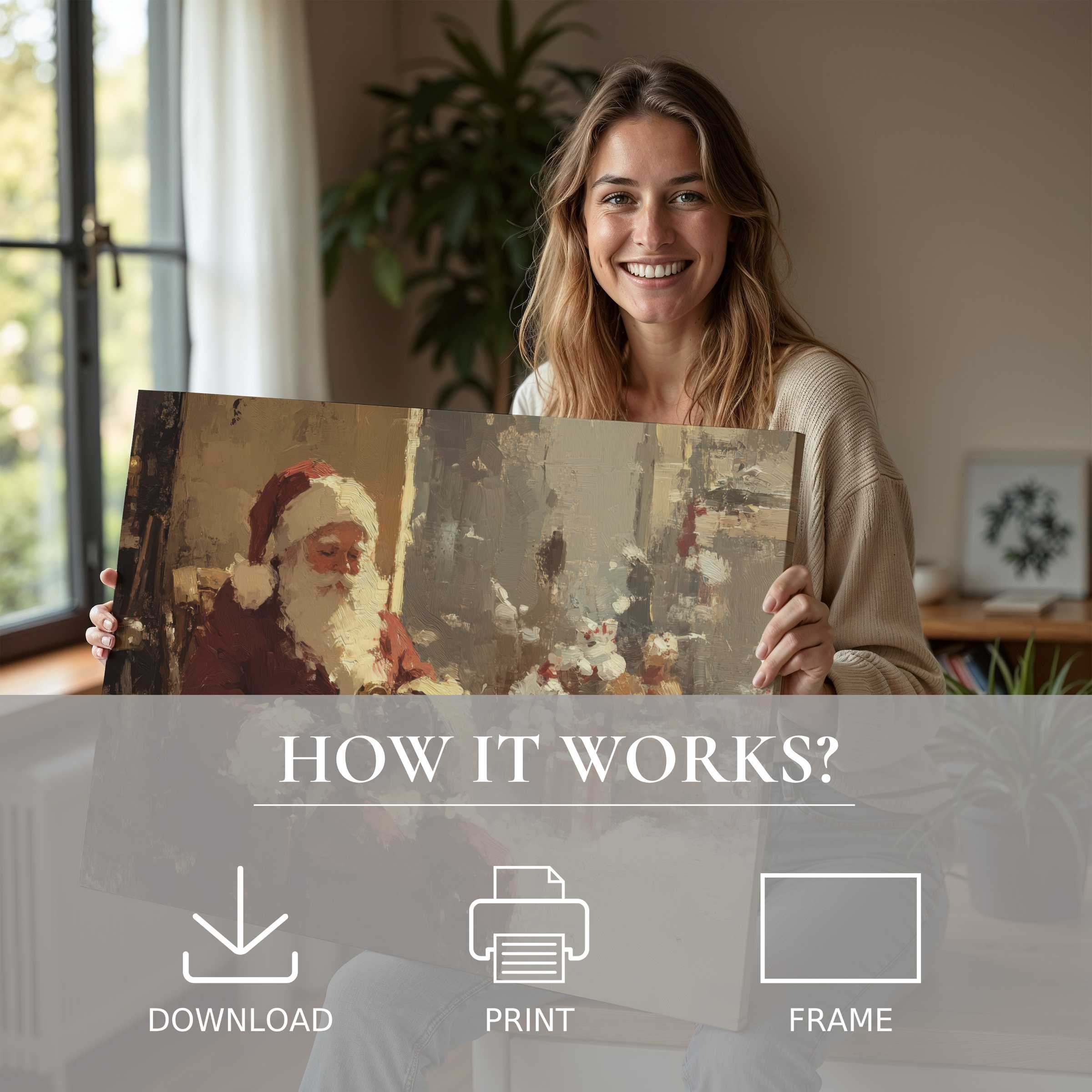 Woman in a serene modern home radiates joy showcasing a Christmas digital art print, merging warmth and effortless elegance