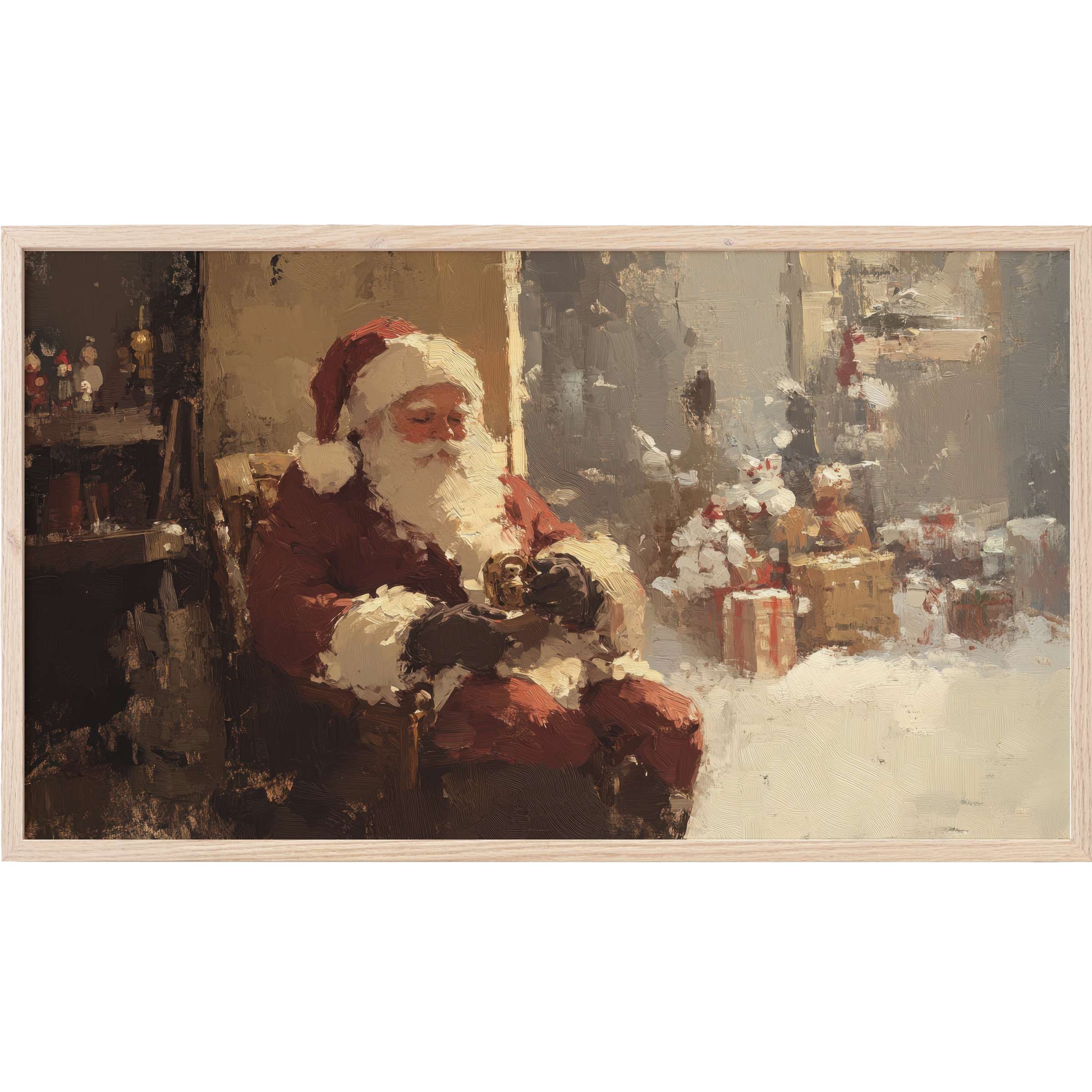 Santa in warm, muted tones with textured brushstrokes, capturing cozy charm in this christmas Frame TV Art