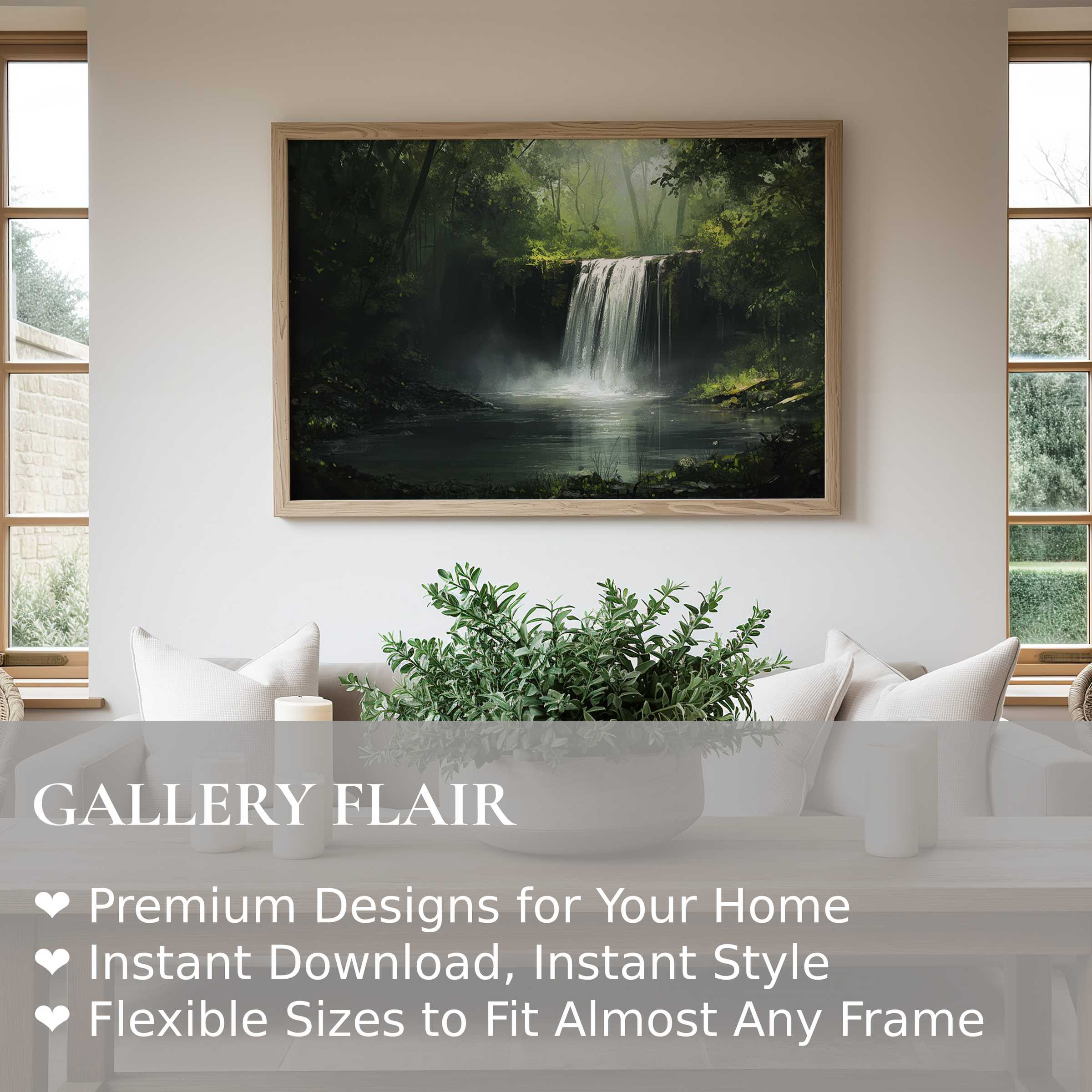 Vintage wall art print of a serene forest waterfall, evoking calm and tranquility in a modern minimalist living space