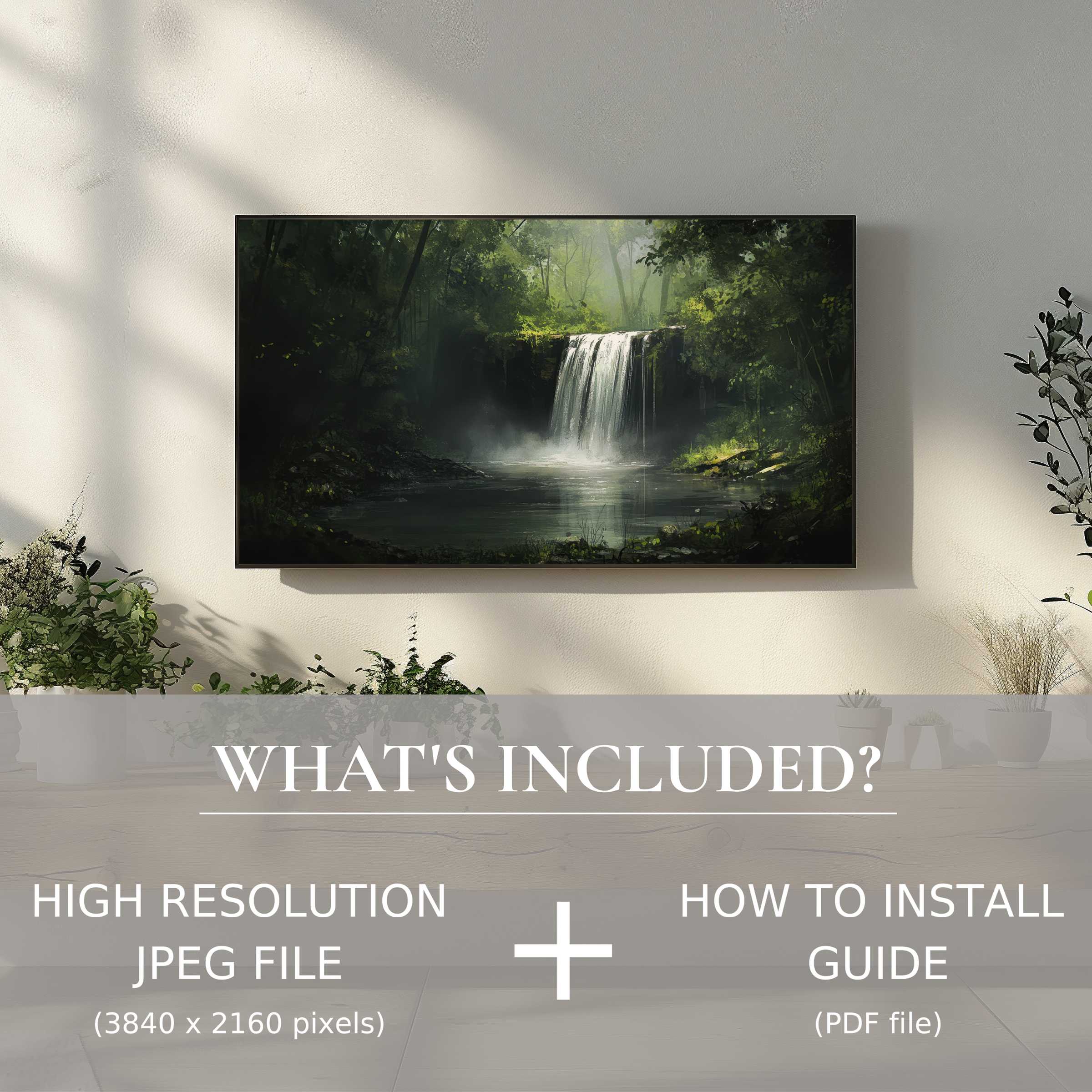 Elegant vintage digital TV art download of serene waterfall, enhancing modern living spaces with effortless digital use