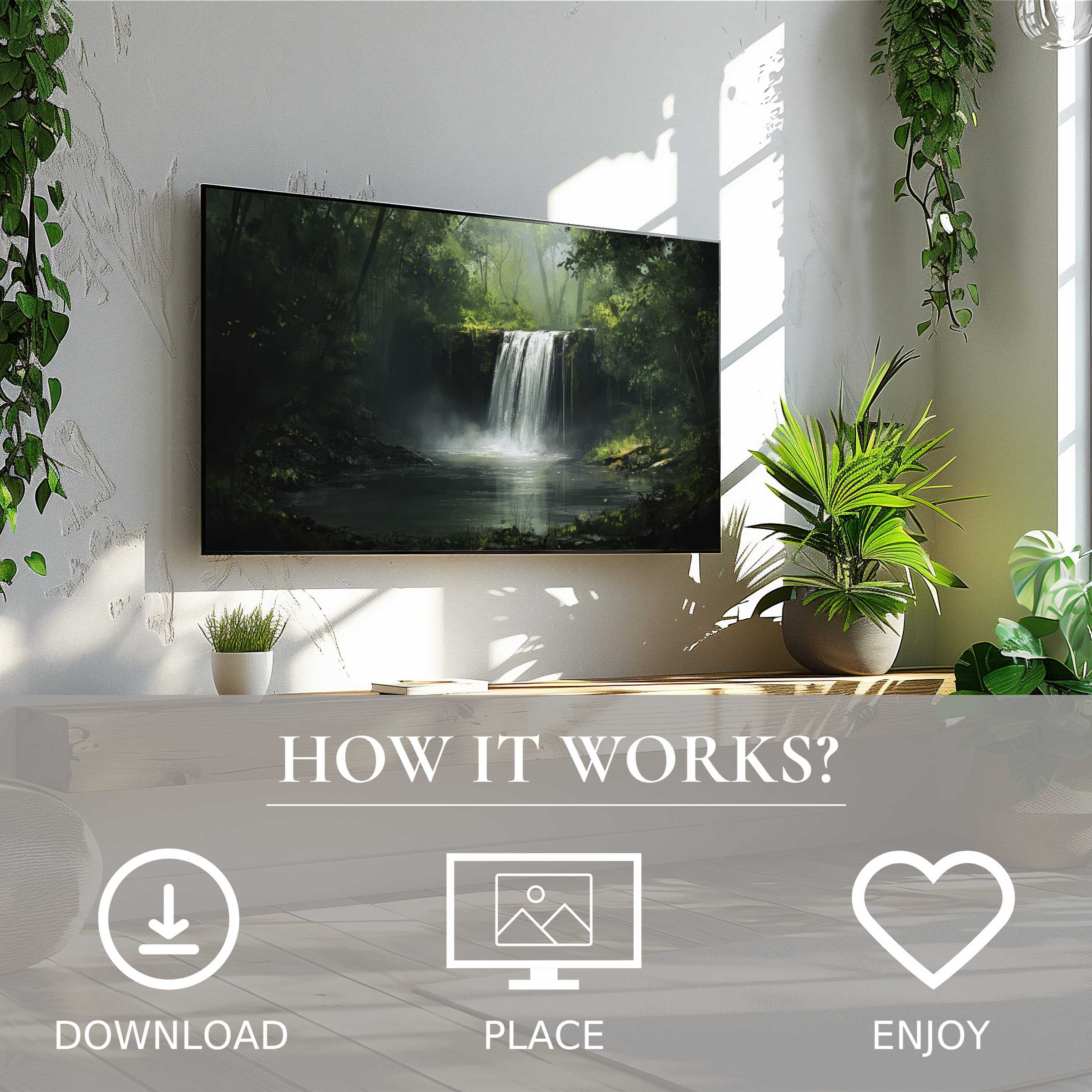 Vintage art for Samsung TV showing serene waterfall scene in soft green tones, easy digital download enriching modern living spaces