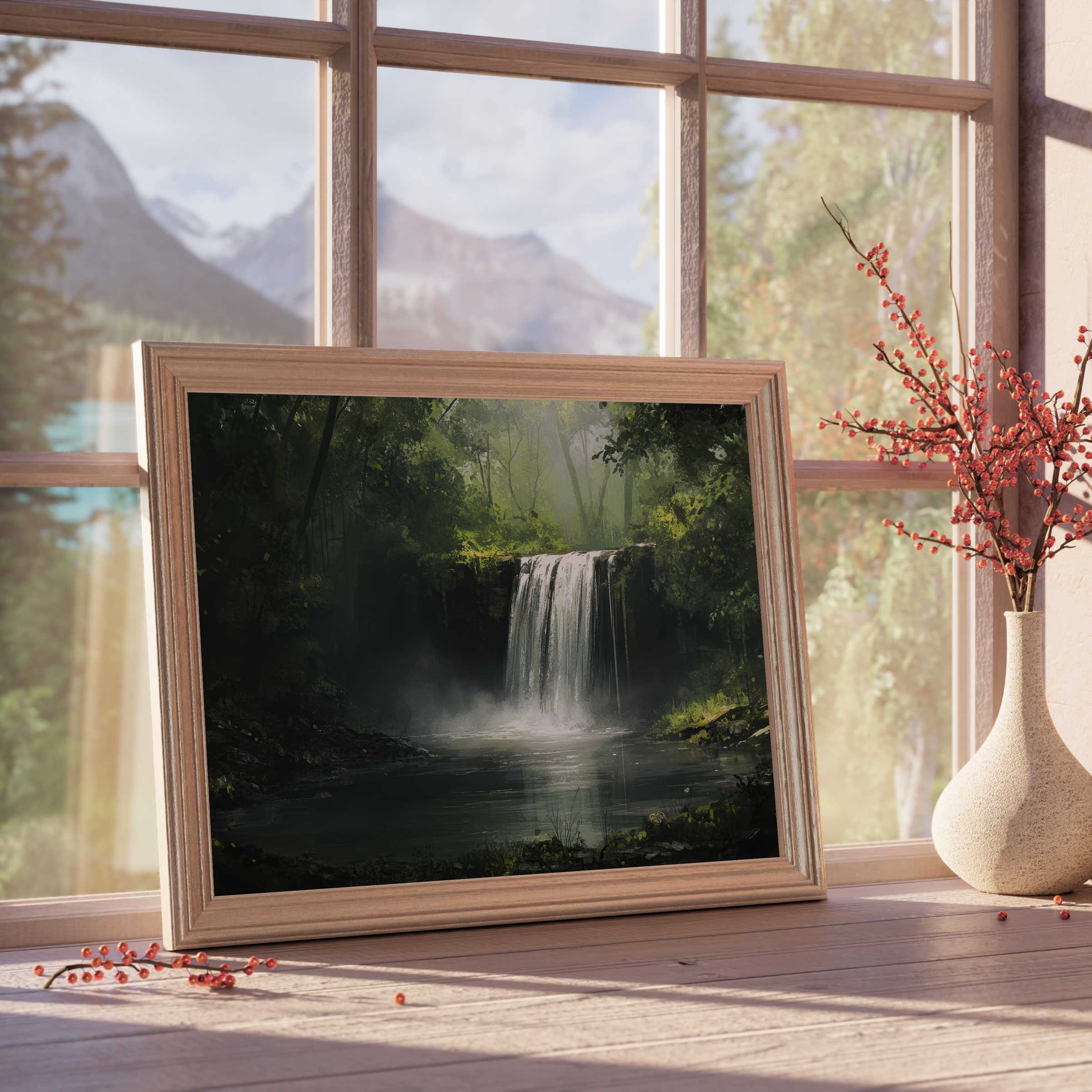 Vintage downloadable art of a serene forest waterfall, evoking tranquil elegance for sophisticated interior sanctuaries