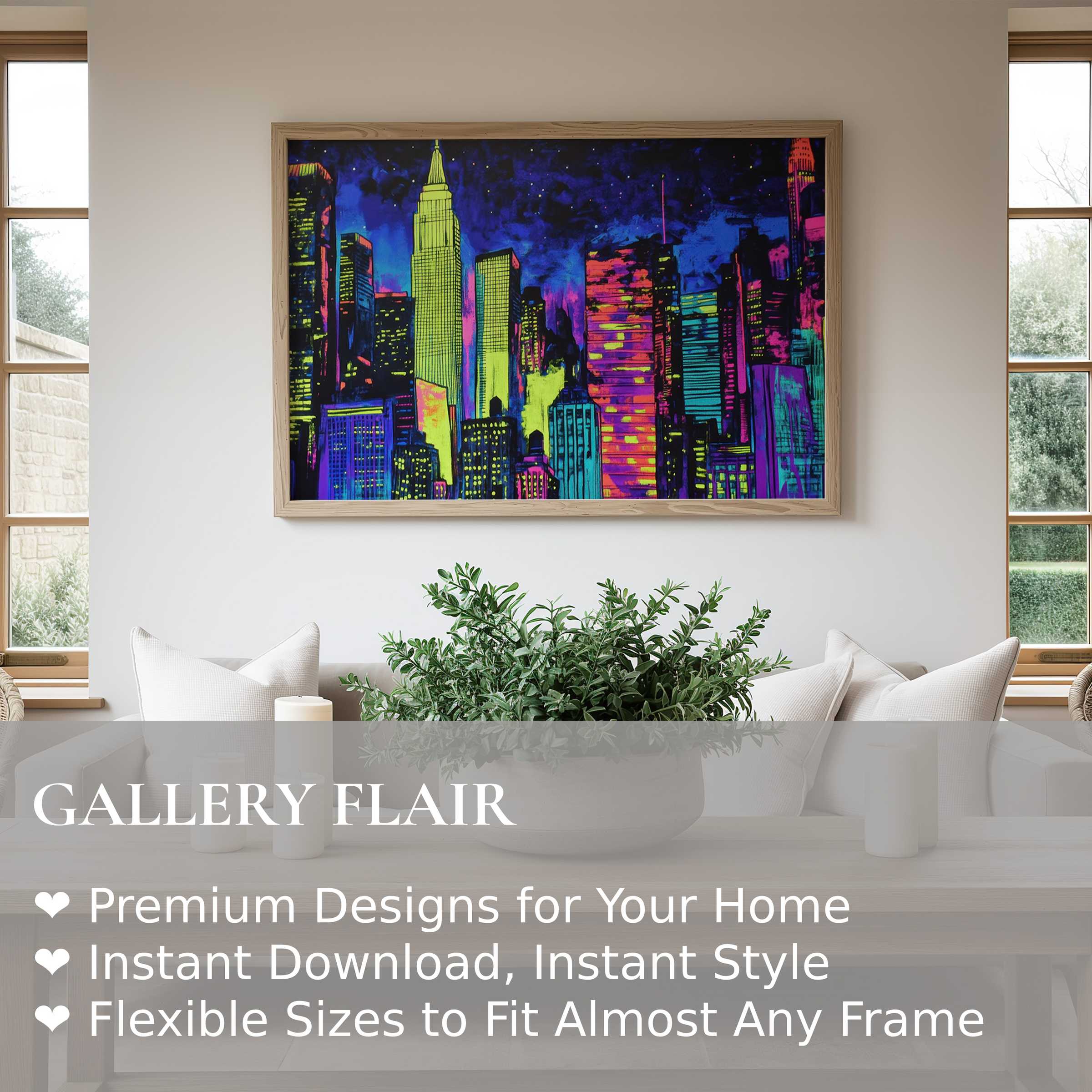 Vibrant pop art wall art print of a neon city skyline energizes this modern minimalist living room, adding bold, dynamic flair and urban sophistication