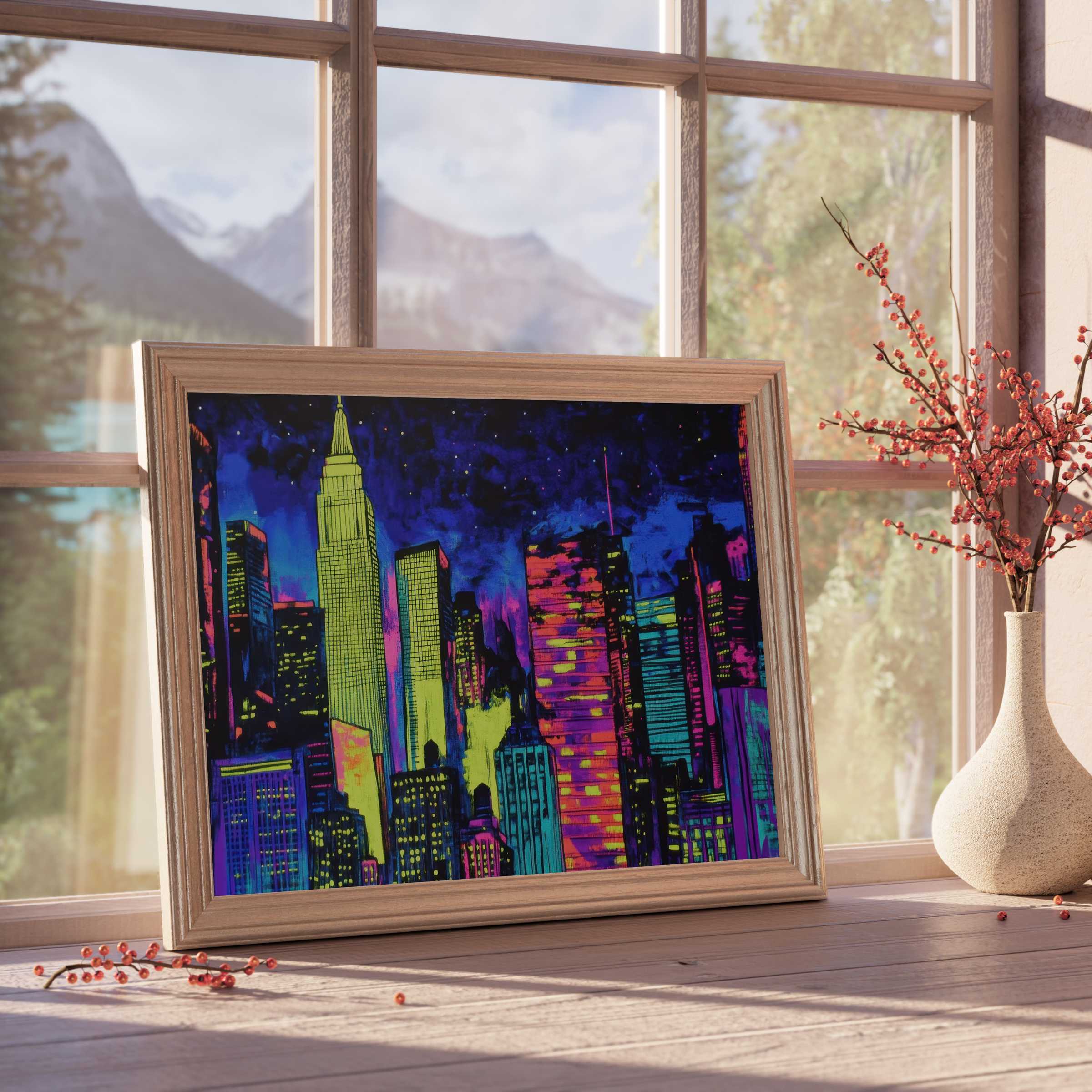 Vibrant pop art downloadable art featuring a neon city skyline, adding dynamic energy and bold color to curated modern interiors
