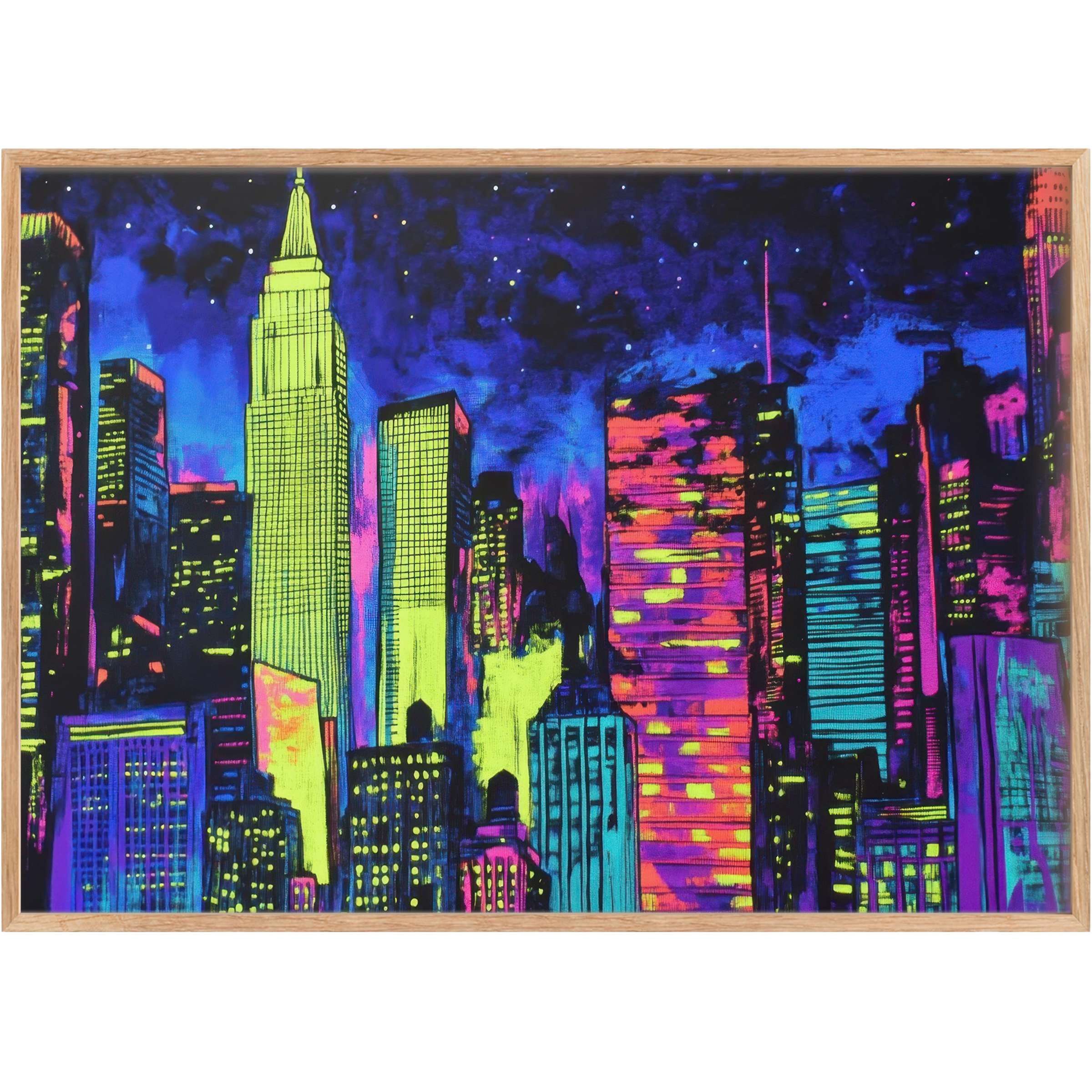 Vibrant pop art printable wall art captures a luminous cityscape in electric blues, neon yellows, and hot pinks, evoking a bold, dynamic energy that electrifies any modern living space