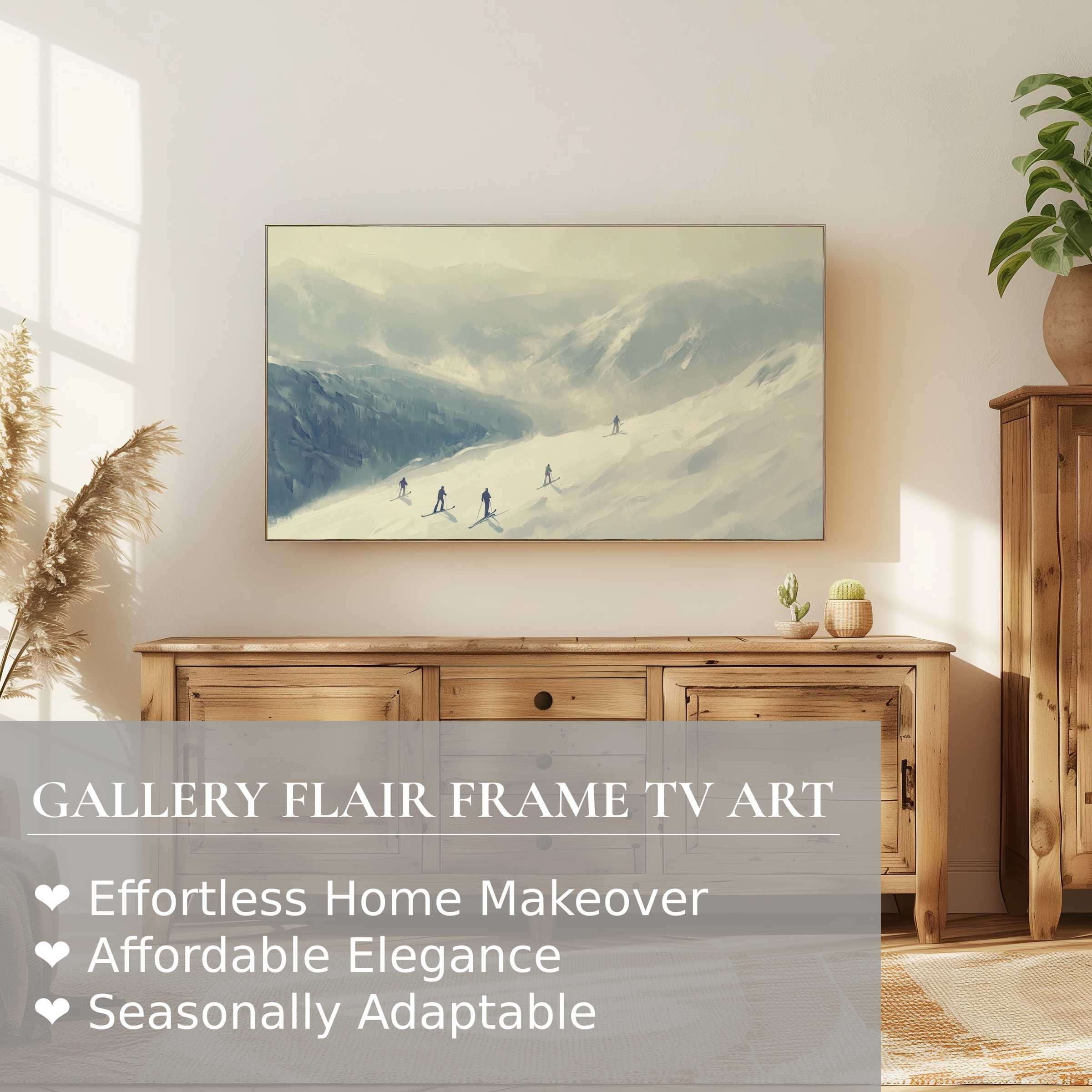 Samsung Frame TV displaying serene winter digital artwork of skiers on soft, snowy mountains in minimalistic decor