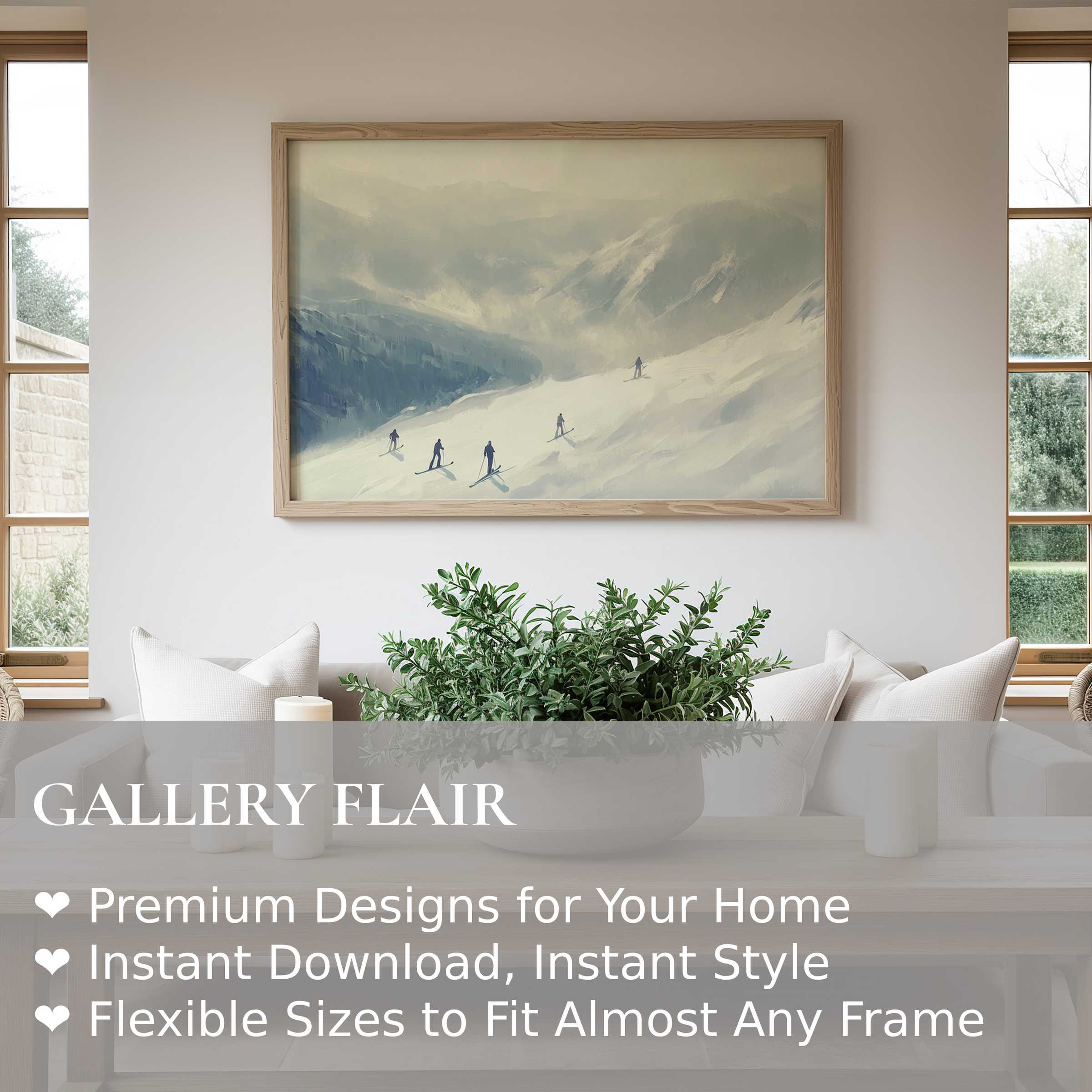 Winter wall art print capturing serene skiers on misty snowy slopes, enhancing modern minimalist interiors with calming, soft elegance and alpine charm
