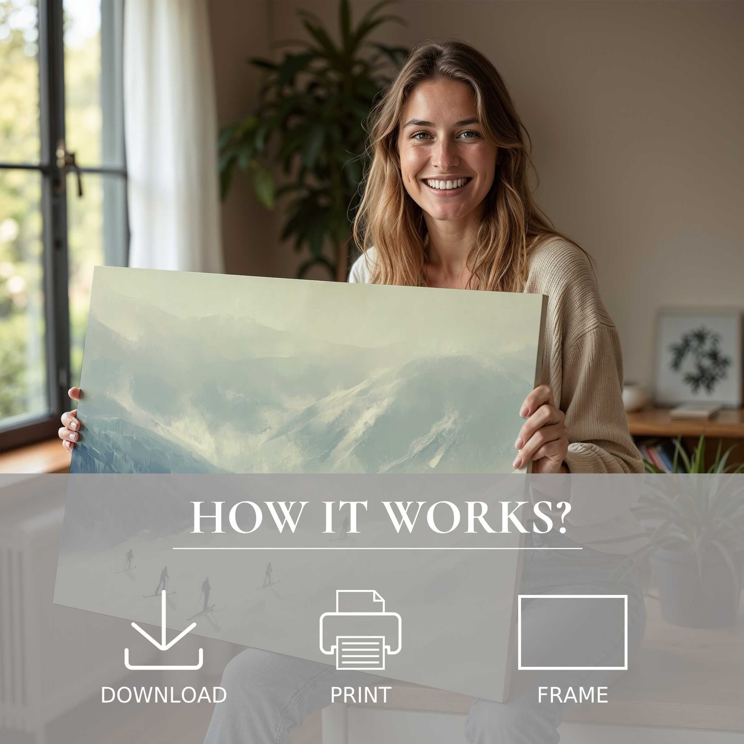 Elegant winter digital art print embraced in a modern home, evoking serene joy and effortless living with art