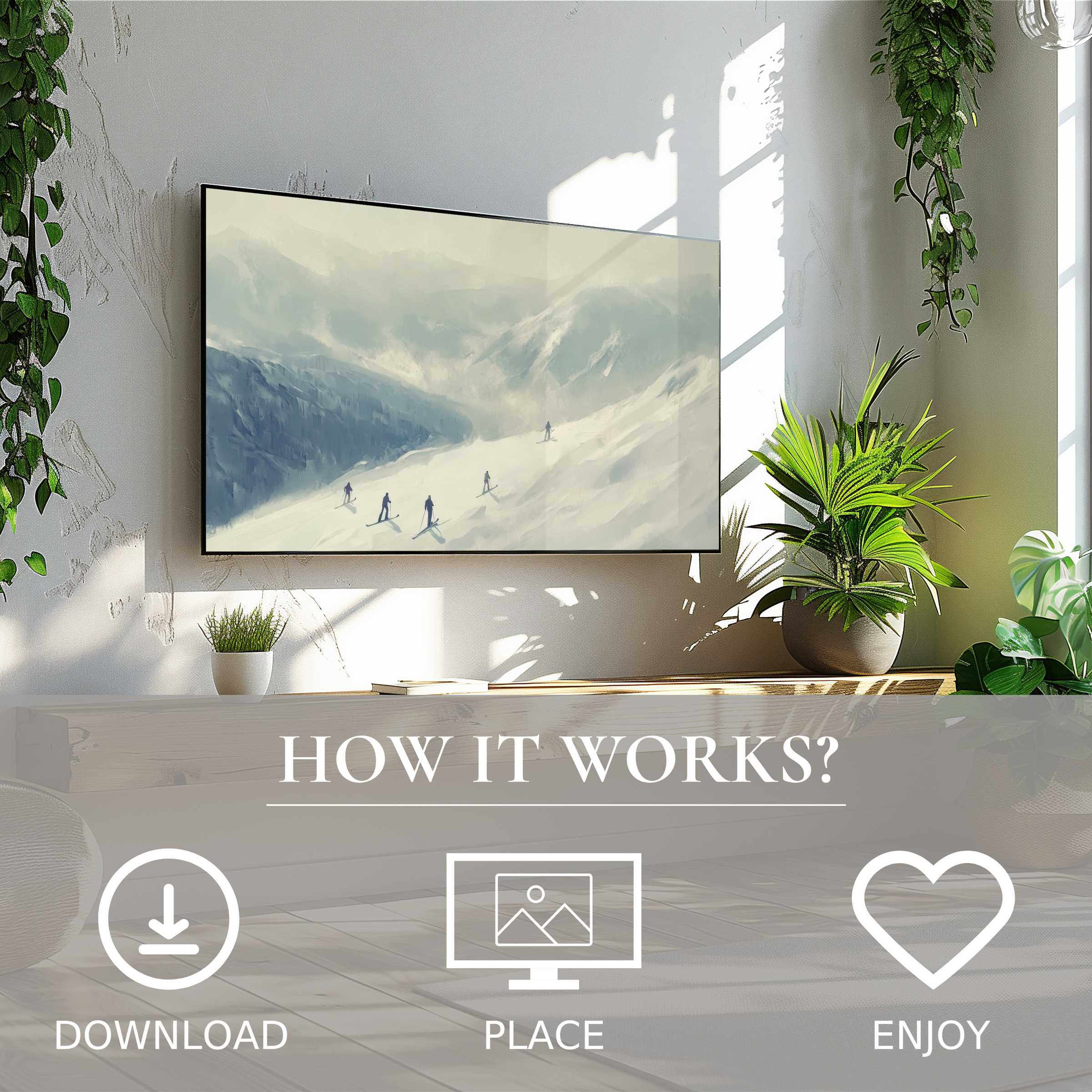 Winter art for Samsung TV shows soft snowy mountain tones; easy download uplifts and enriches modern living spaces