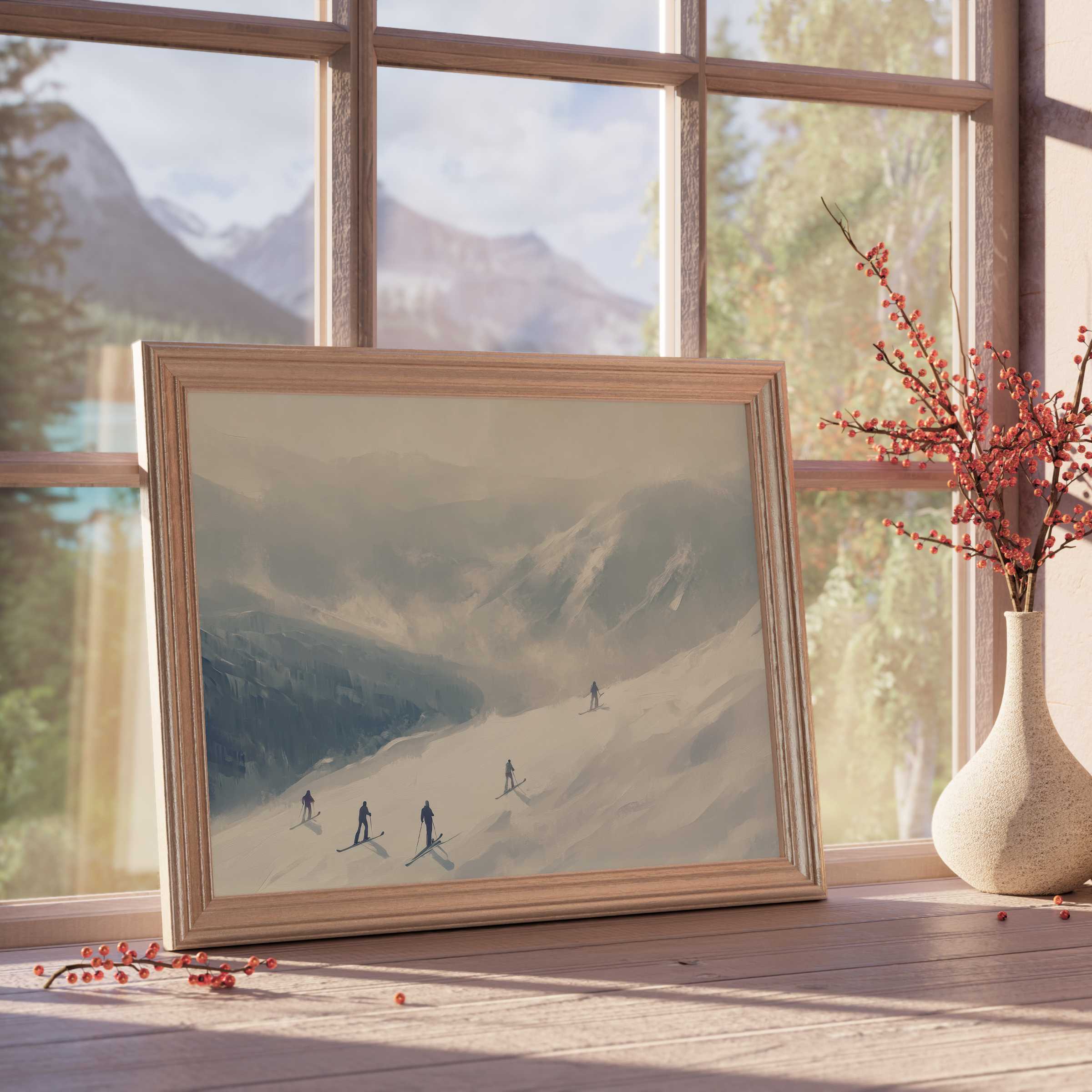 Winter downloadable art evokes serene alpine calm, featuring skiers on misty slopes that enrich tranquil, curated luxury interiors