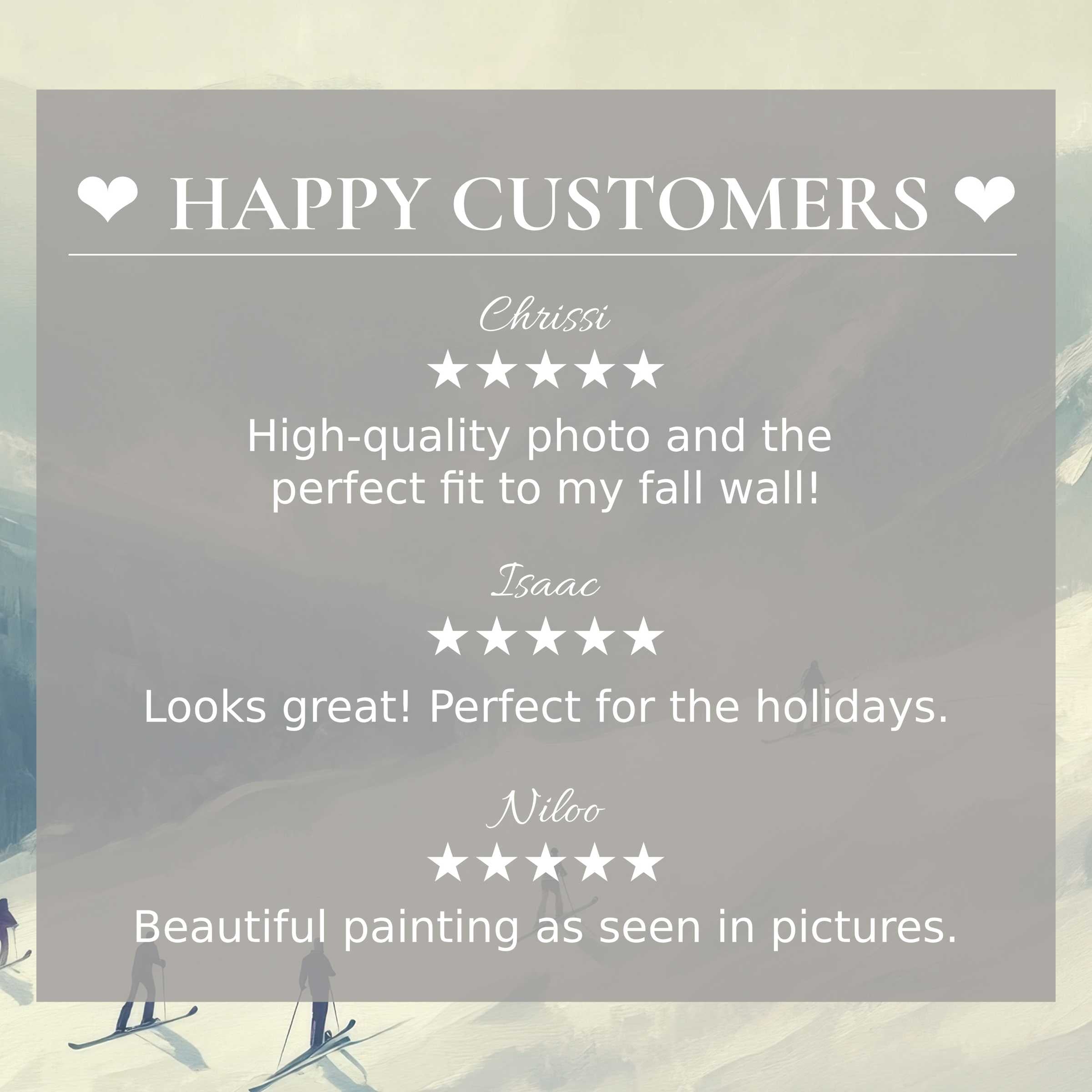 Winter art for Frame TV with serene mountain hues, showcasing happy customer reviews and refined, trustworthy design