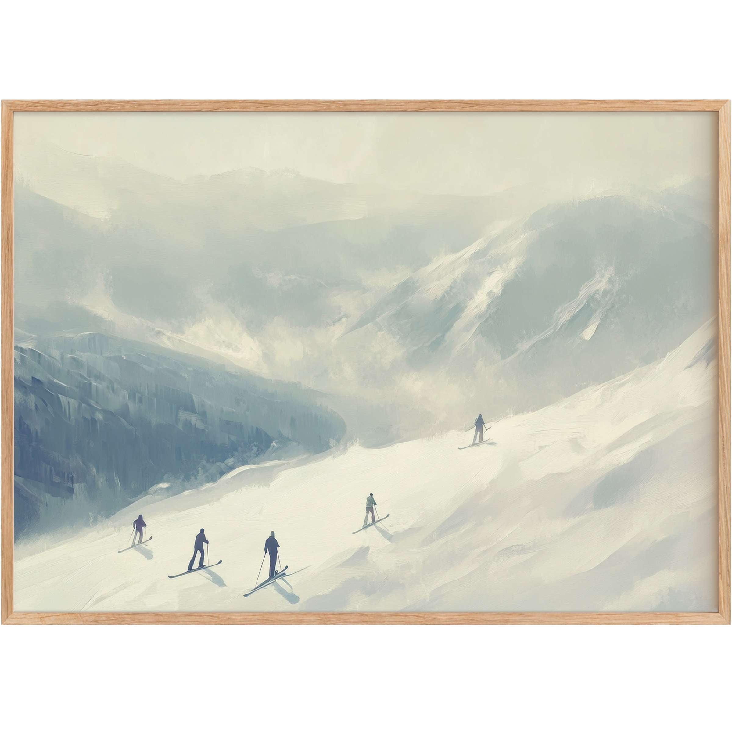 Winter printable wall art captures serene mountain slopes in soft blues and grays, evoking a tranquil, refined alpine escape