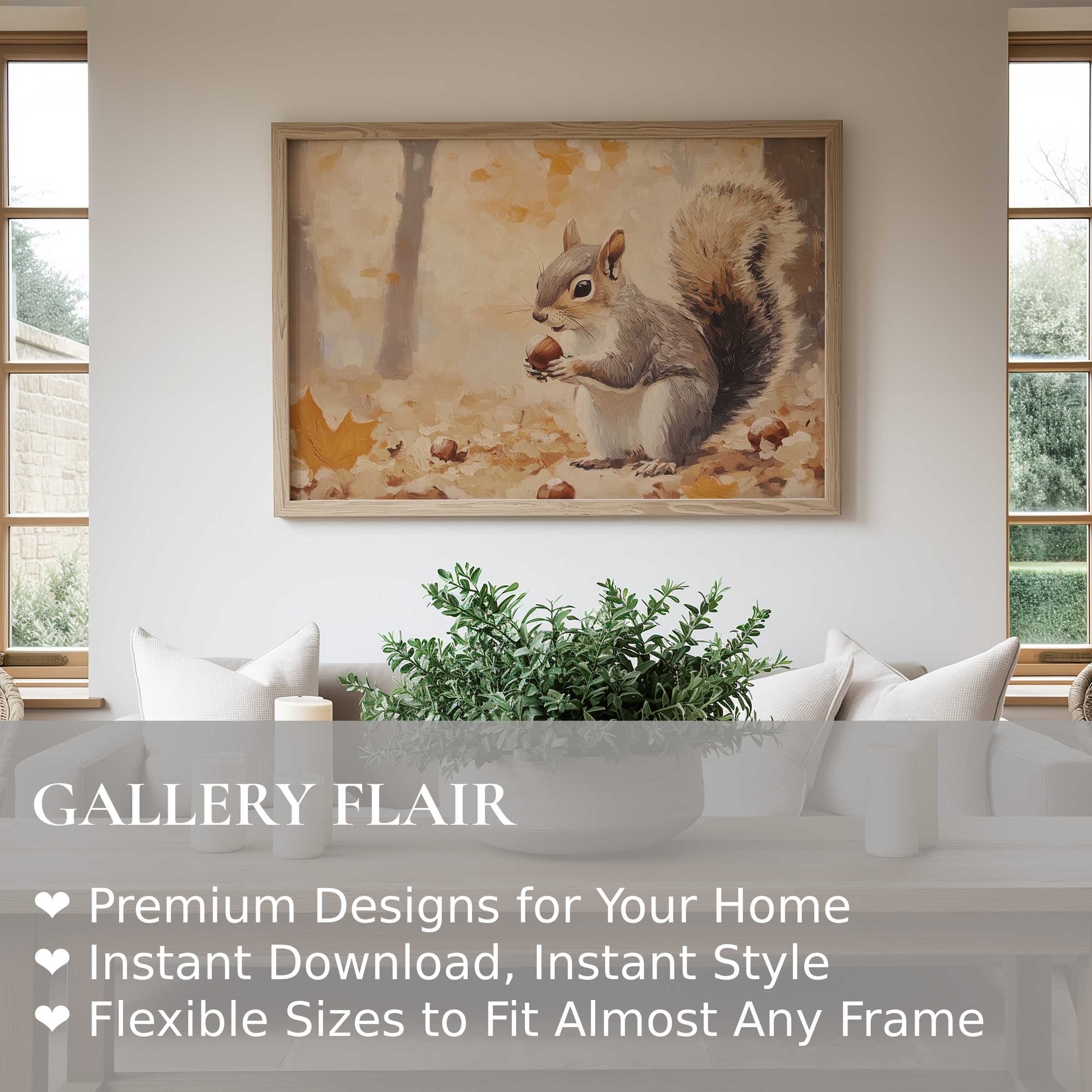 Cozy fall wall art print featuring a charming squirrel amidst warm autumn leaves, enhancing modern rustic interiors with soft, inviting hues