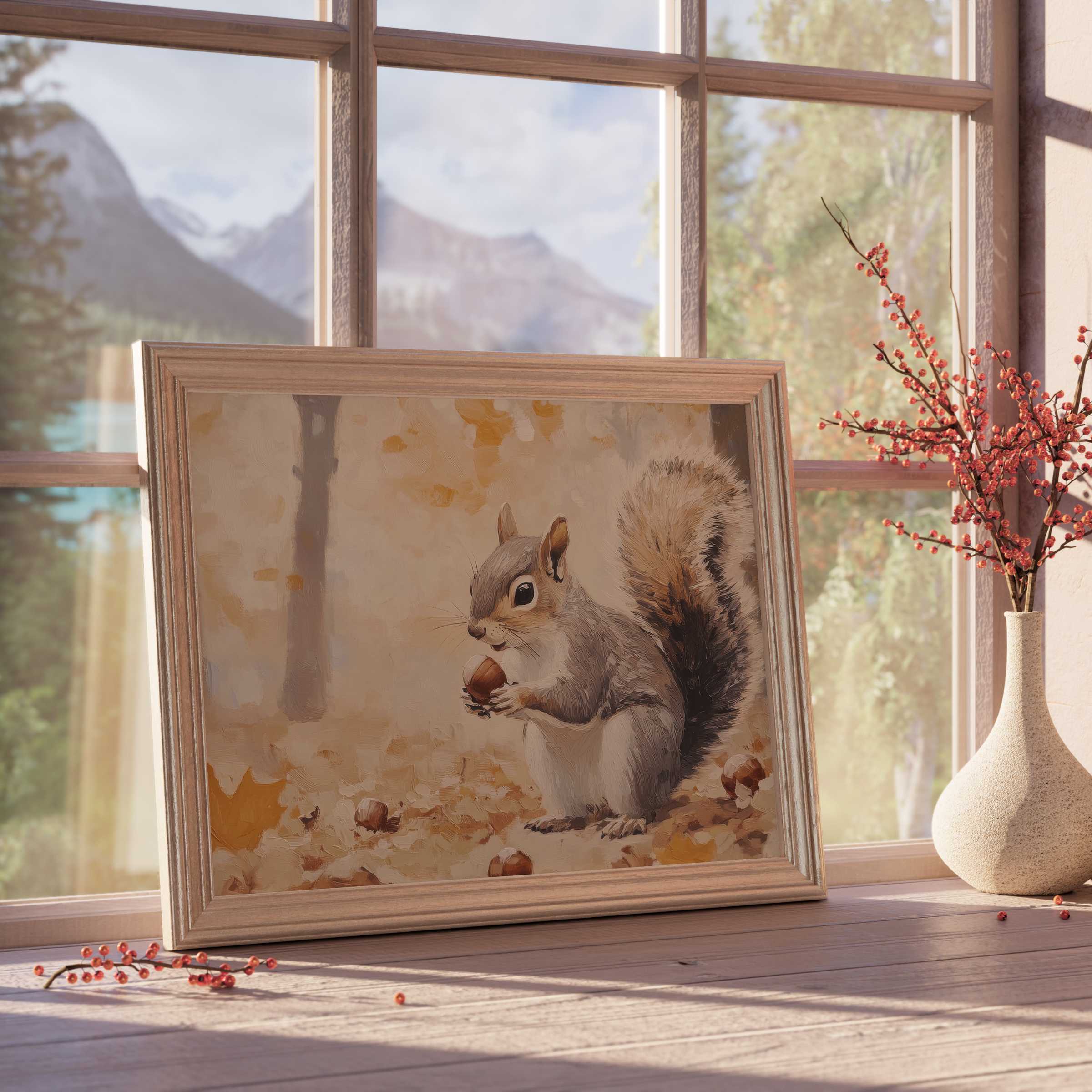 Fall downloadable art featuring a charming squirrel with hazelnuts, evoking warm, tranquil autumn vibes for curated interiors