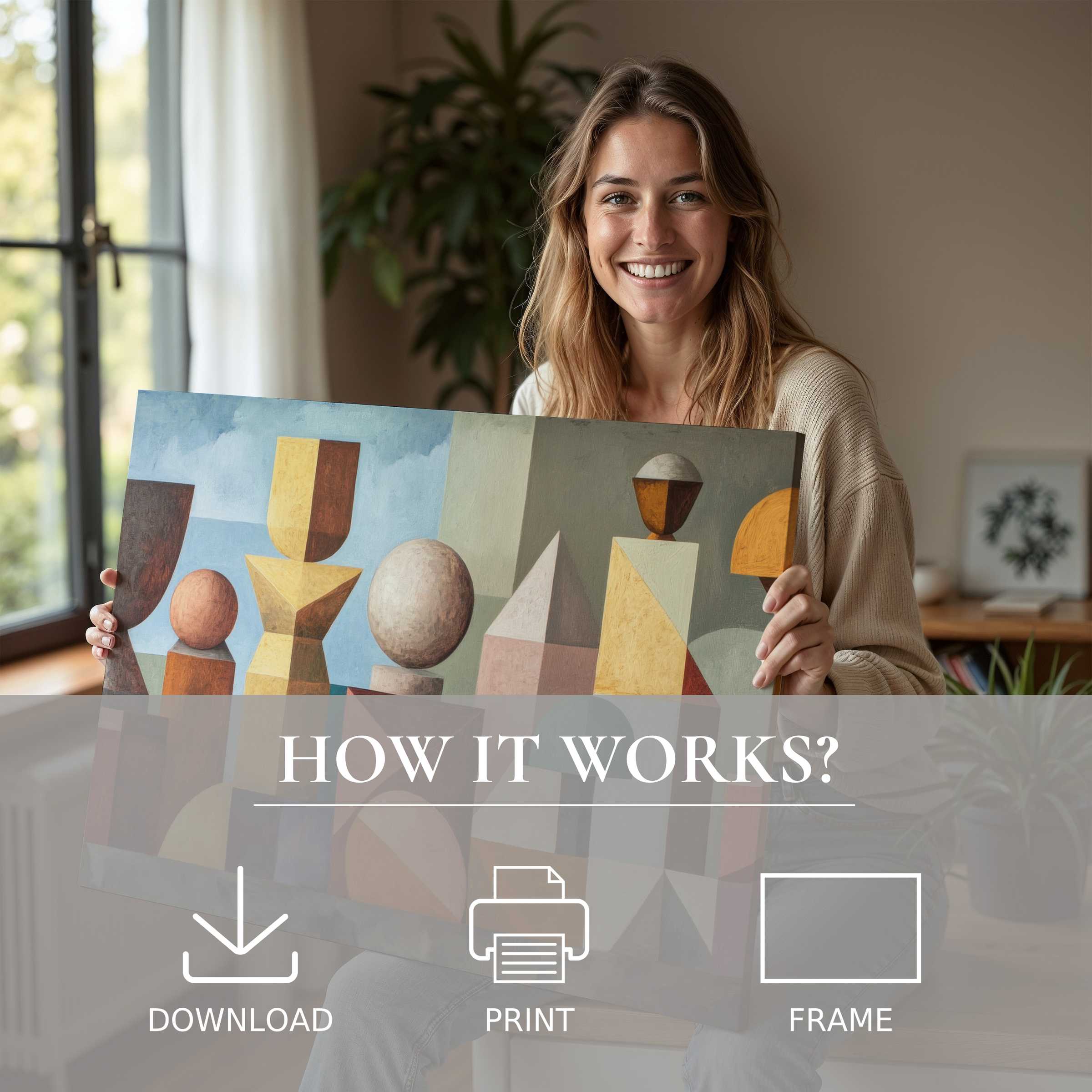 Woman radiates joy displaying a boho digital art print, capturing serene modern home elegance and effortless decor experience