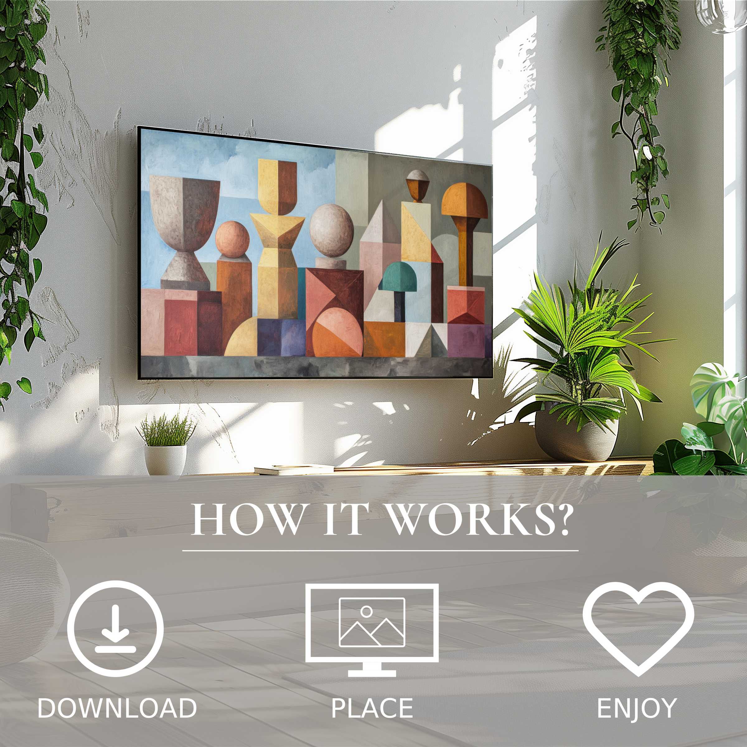 Boho art for Samsung TV: easy digital download with abstract geometric shapes in soft sunset tones enriching any modern space