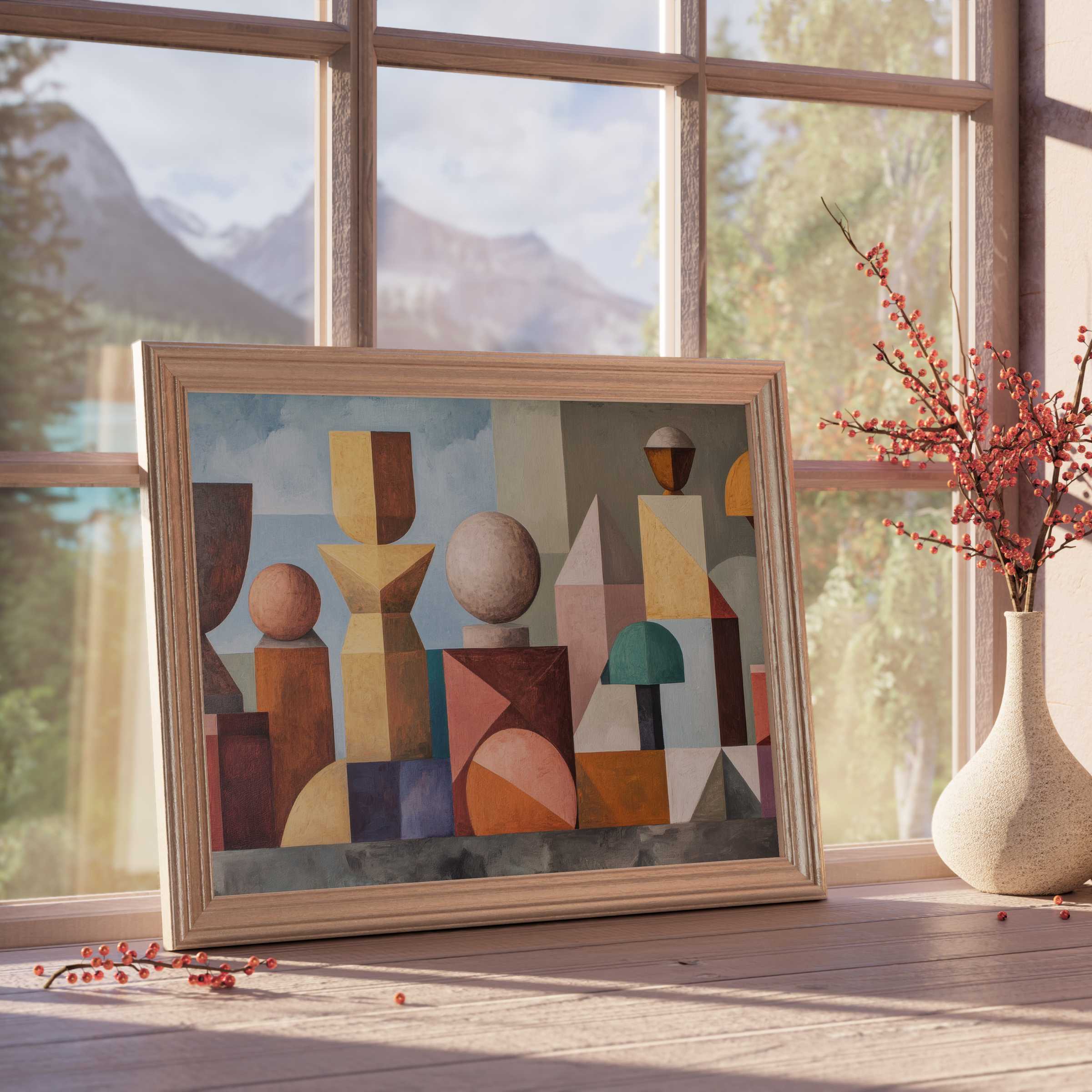 Sunlit boho downloadable art featuring serene geometric abstractions in warm earth tones, perfect for tranquil, curated interiors