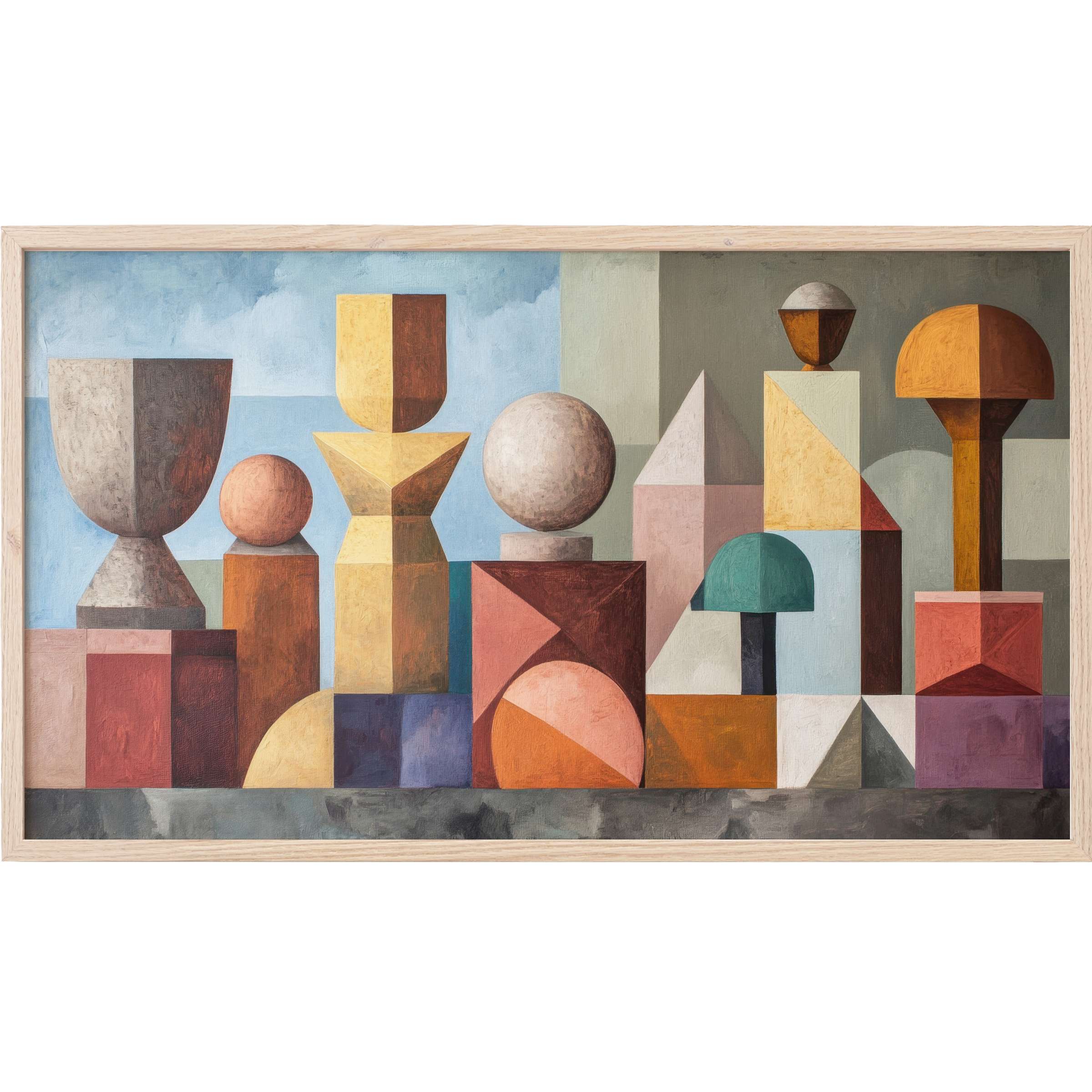 Boho Frame TV Art with geometric forms in muted earth tones, soft shadows, and a balanced modern bohemian palette