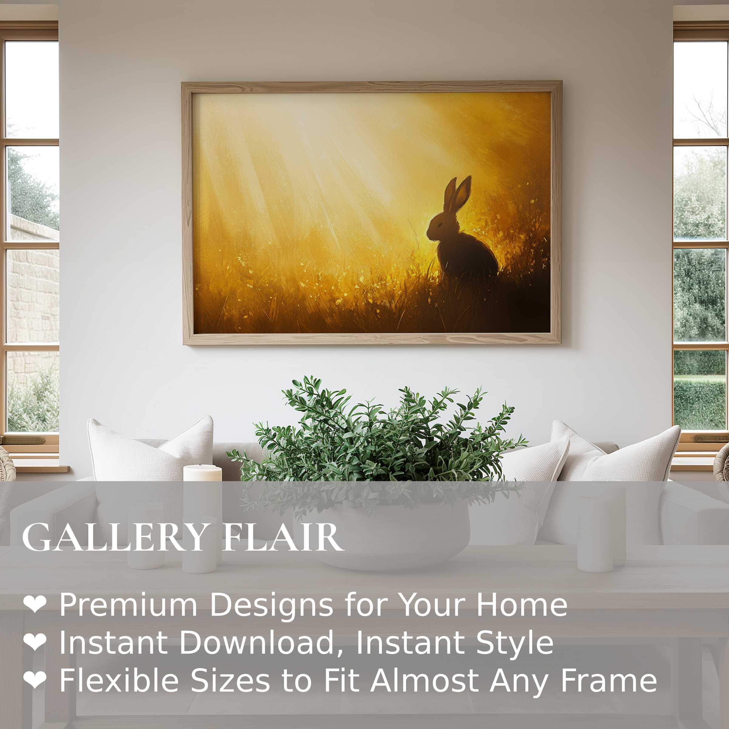 Easter wall art print capturing a serene rabbit silhouette bathed in warm golden light, enriching modern minimalist spaces with calm and nature-inspired elegance