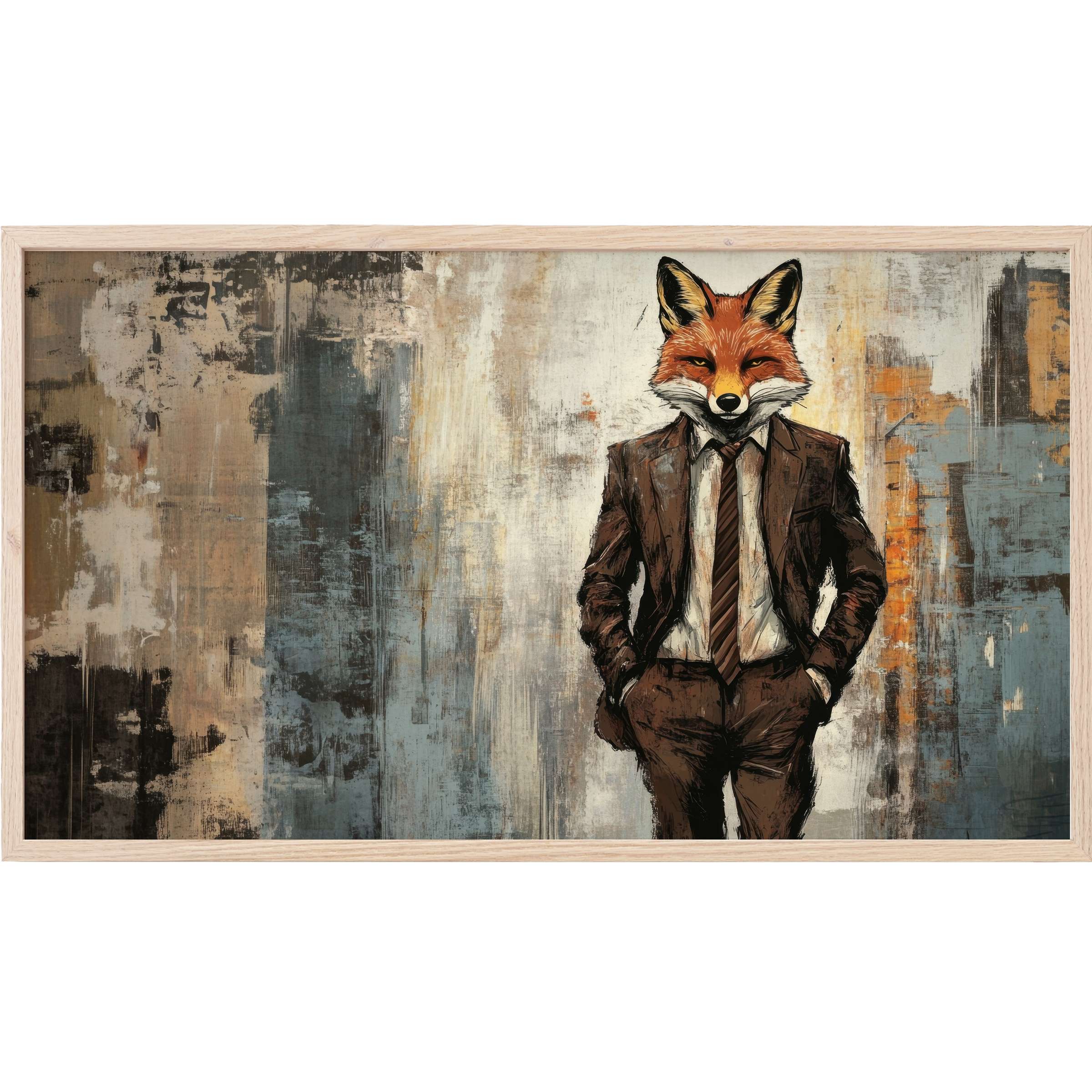 Street art Frame TV Art with a dapper fox in a brown suit against textured, muted earth and blue tones background
