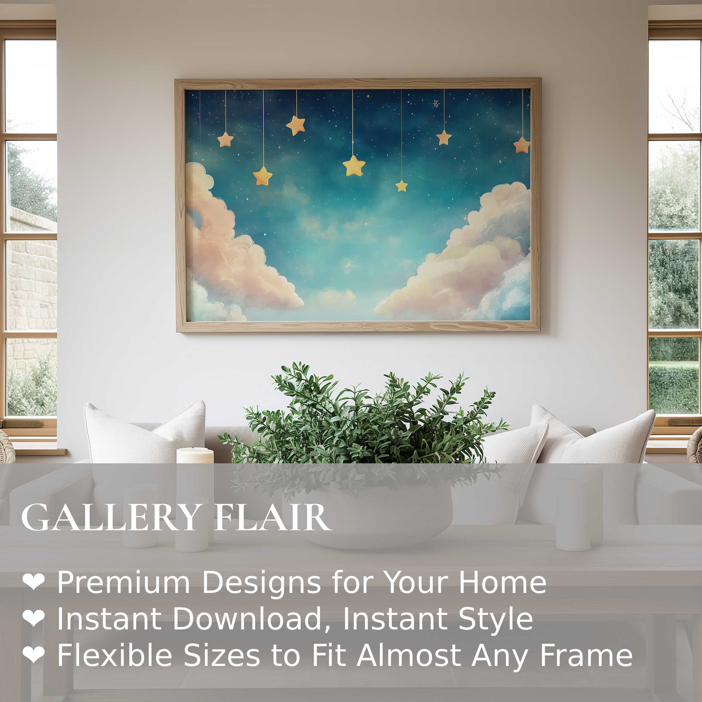 Nursery wall art print with dreamy stars and clouds, evoking calm and wonder in a serene modern nursery Soft, calming nursery decor