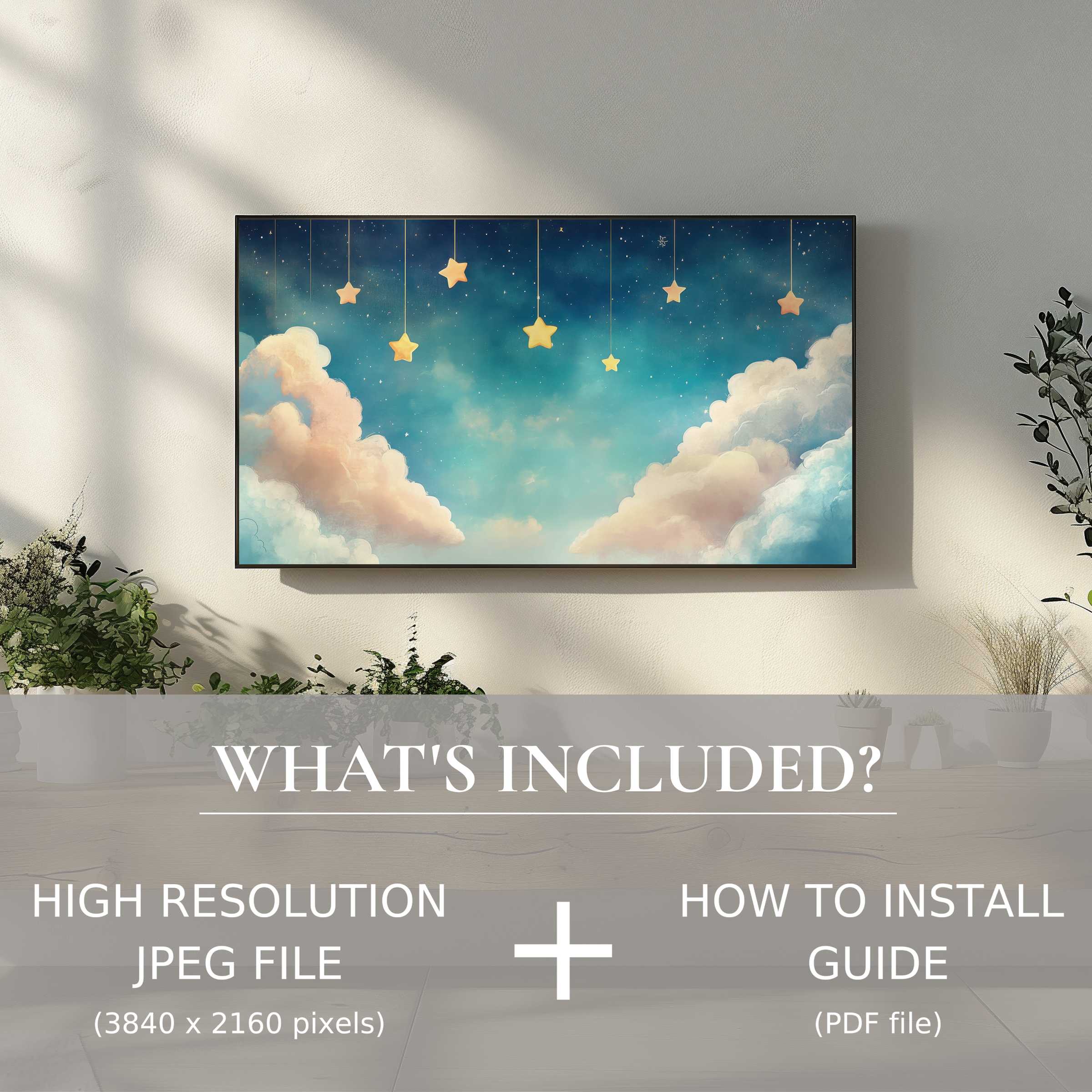Serene nursery digital TV art download with stars and clouds, easy digital use brightens chic, modern living spaces