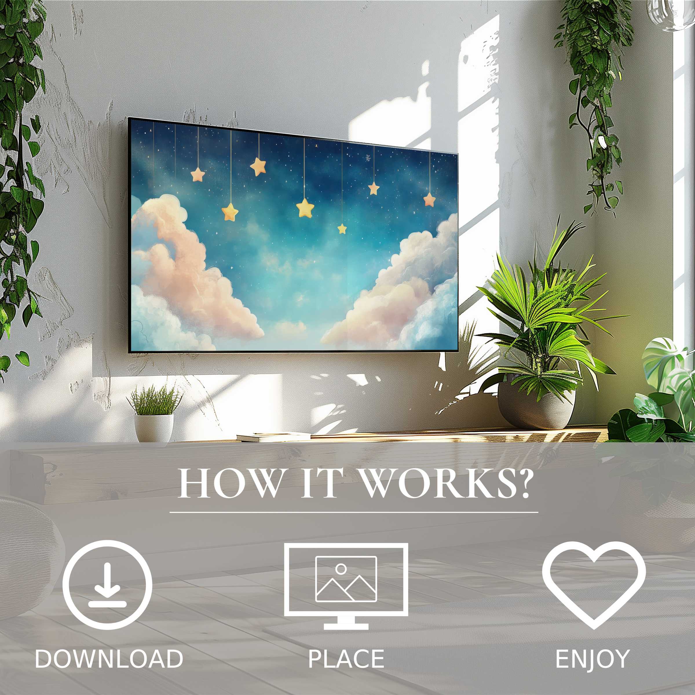 Nursery art for Samsung TV with soft sunset tones, easy digital download, enriching modern living spaces with charm